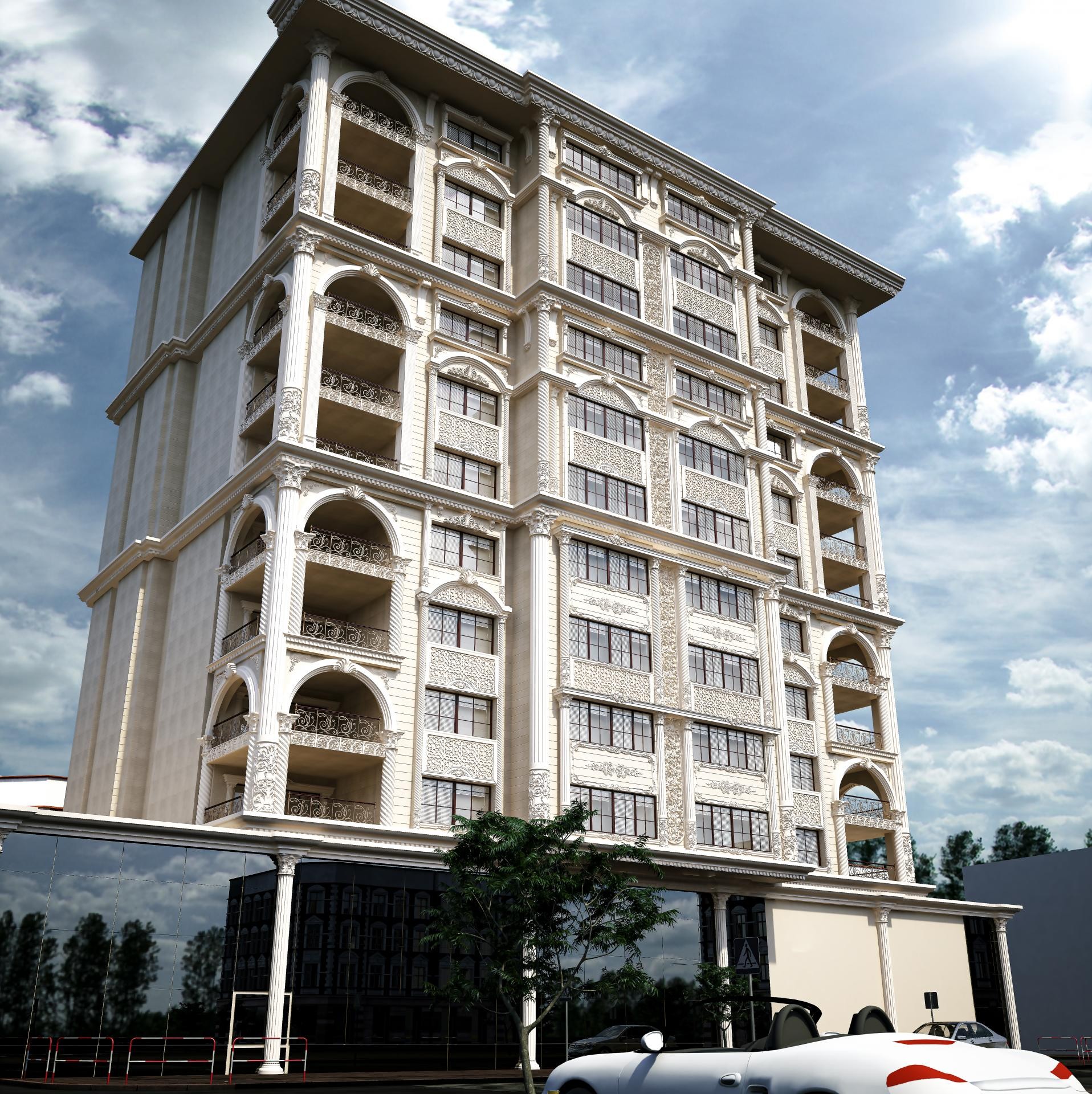 Sekiz katlı apartman dış cephesinde uygulanan, klasik oymalı detaylarla bezenmiş pencere sövesi ve kemer tasarımı