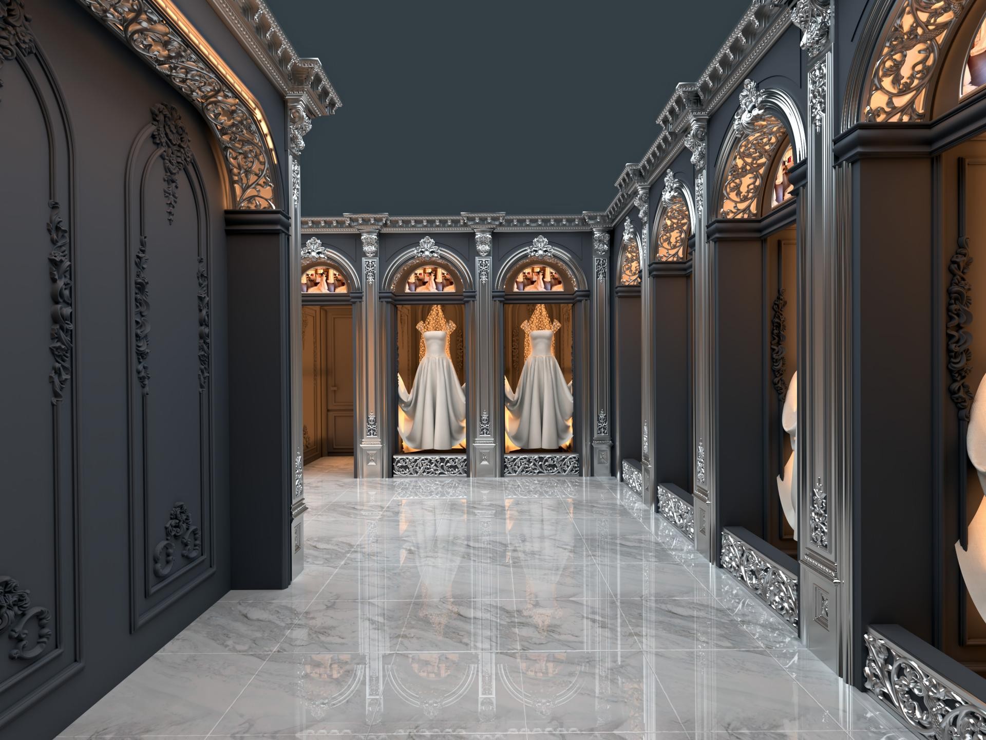Gelinlik sergilenen niş alanına sahip antrasit duvarlı butik mağazada, gümüş renkli poliüretan pilaster sütunlar ve dekoratif panel uygulamaları.