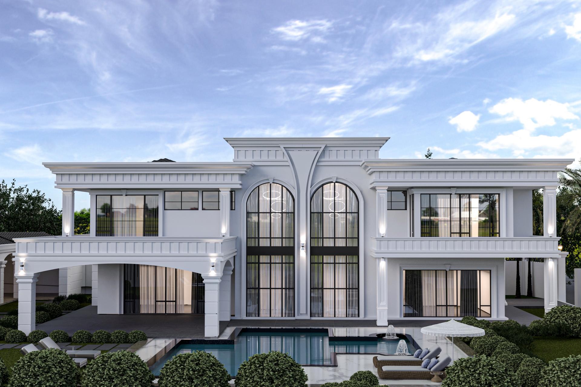 Poliüretan pilaster sütunlar, kavisli pencere kemerleri ve dekoratif panellerle zenginleştirilmiş iki katlı beyaz konut dış cephesi.