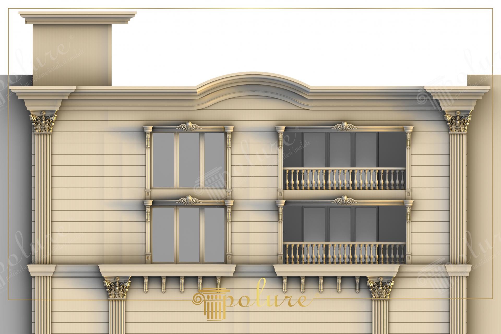 Geniş tasarımlı, yatay fugalı ve krem renkli dış cephede, yivli Korint kolonlar, söveler ve balustrad balkon korkulukları.