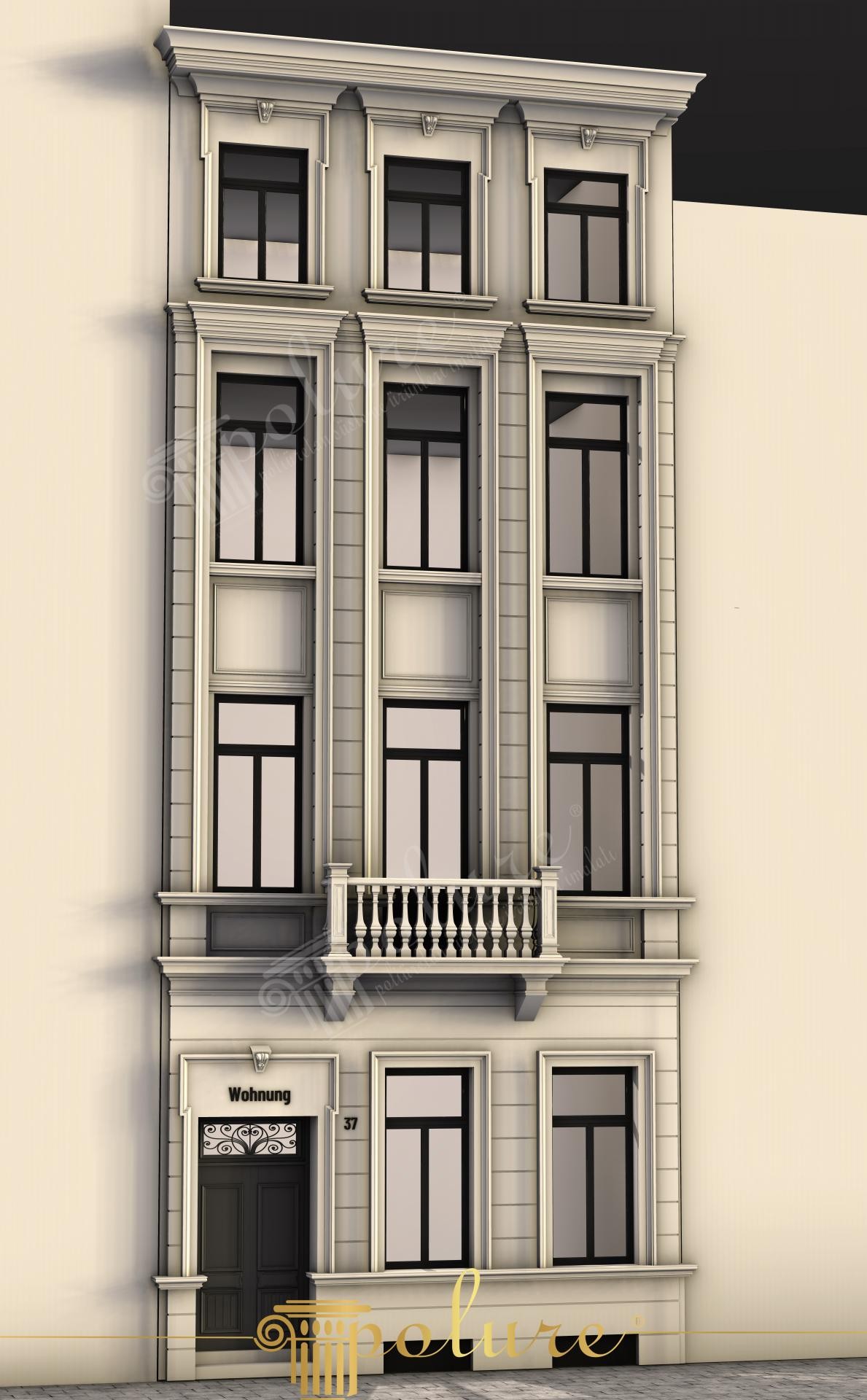 Dört katlı, krem renkli dış cephede uygulanan üçgen pencere alınlıkları ve dikey pilaster sütunlar.