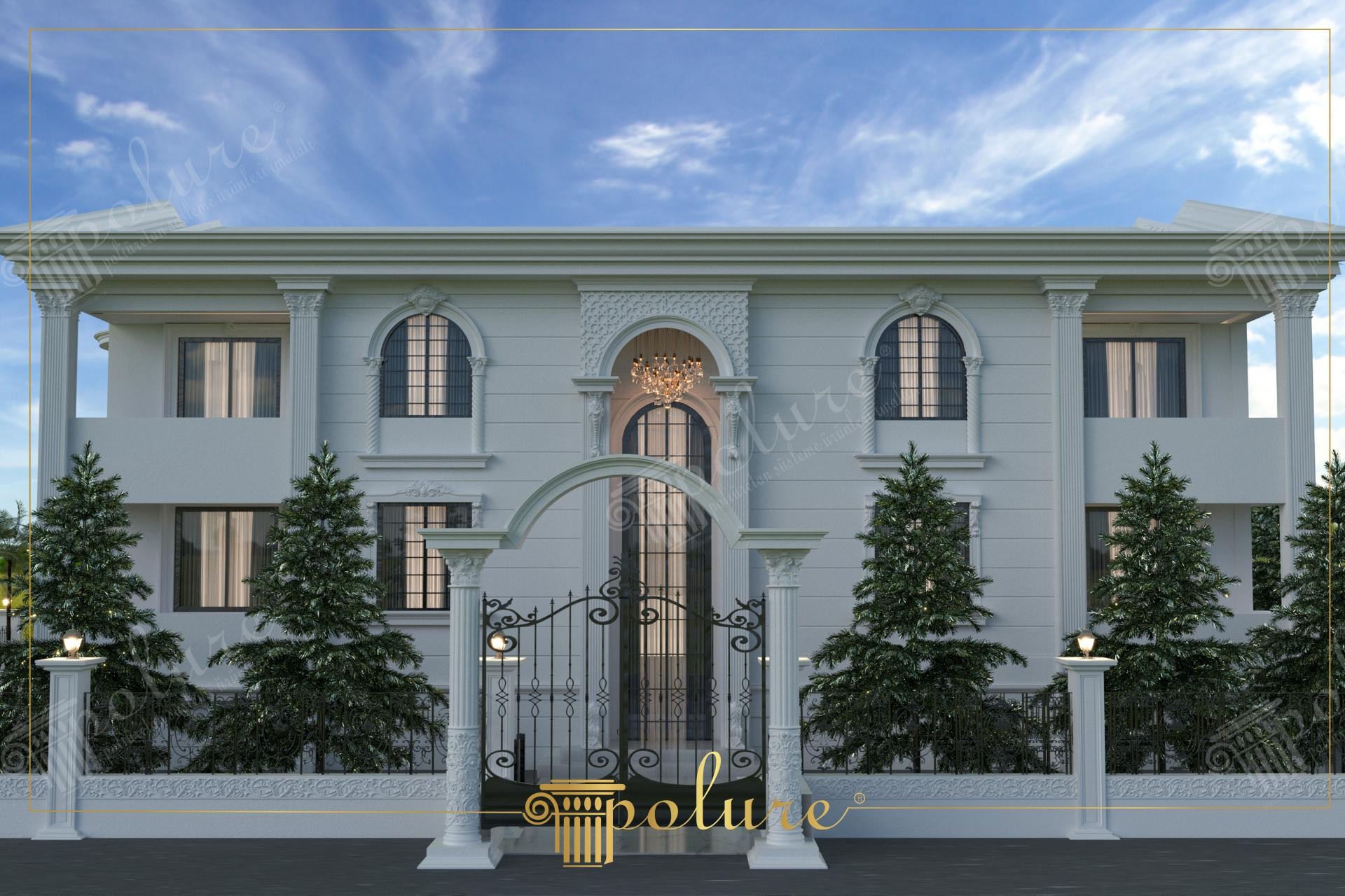 İki katlı beyaz bir villanın dış cephesinde uygulanan yivli sütunlar, balkon altı payandalar ve pencere çevresi dekoratif söveler.