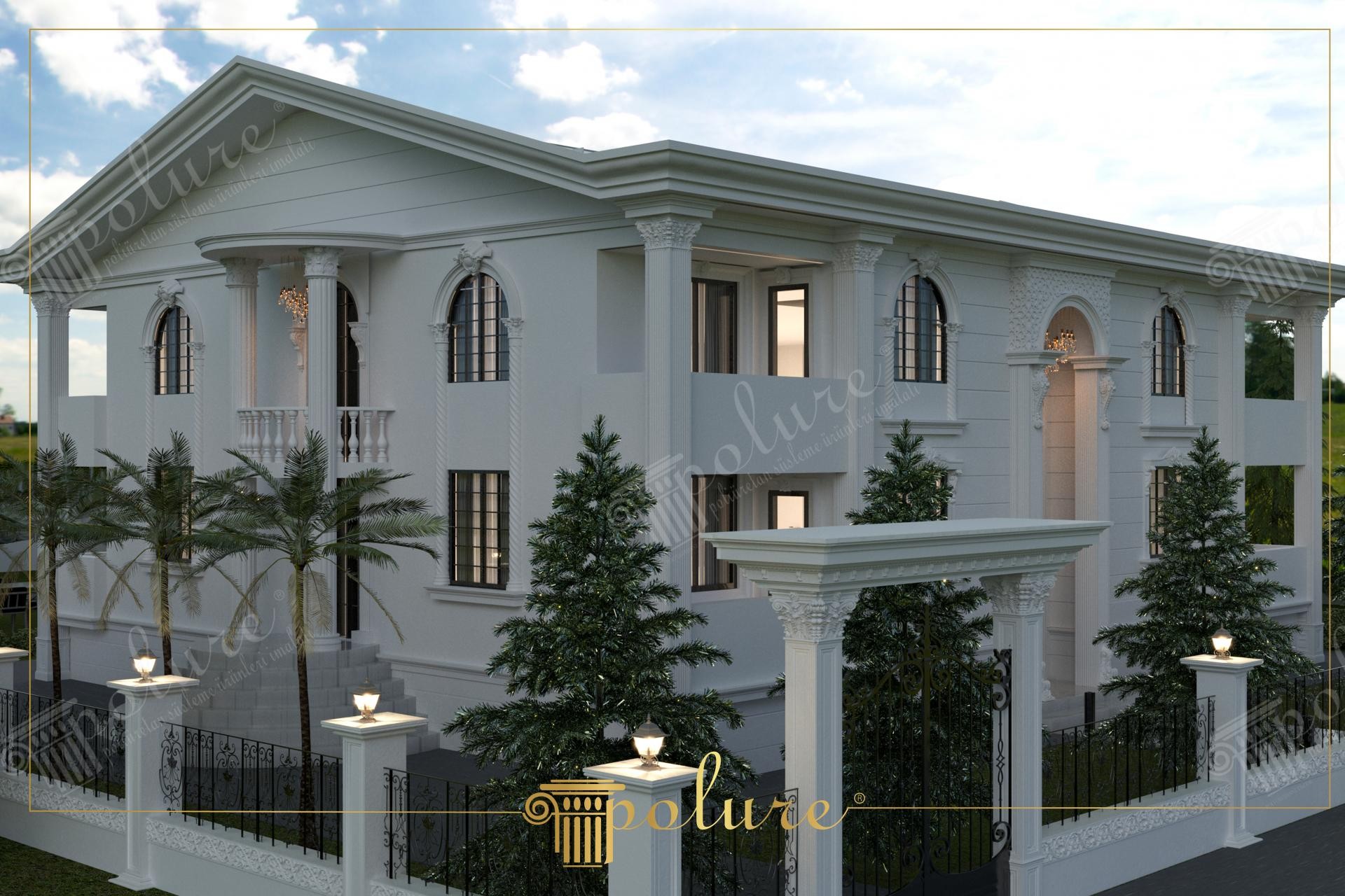 Beyaz dış cepheli lüks villada uygulanan yuvarlak sütunlar, kavisli pencere söveleri ve balkon altı dekoratif payandalar.