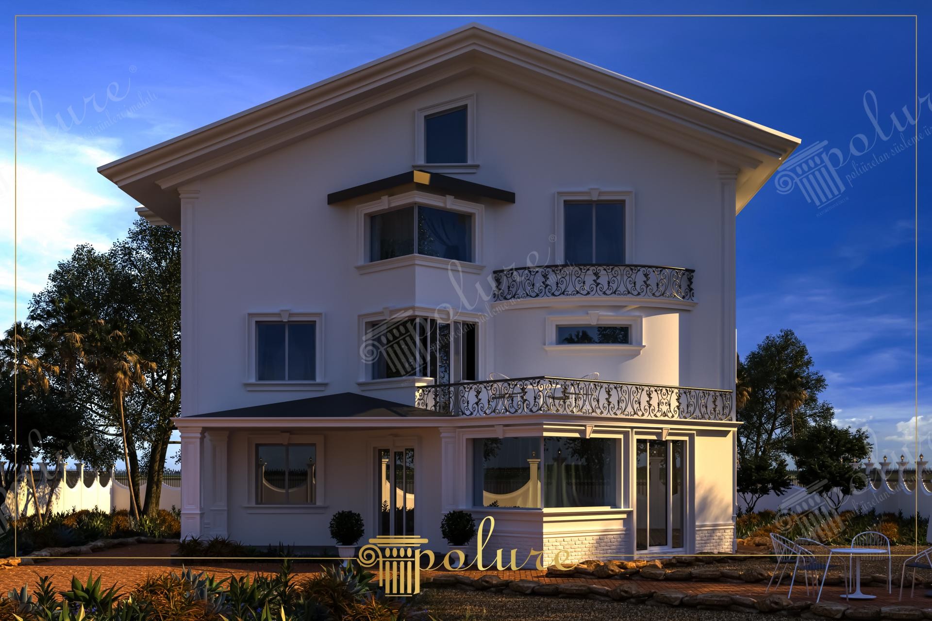 Üç katlı modern beyaz villada uygulanan düz poliüretan pencere söveleri, yatay kat silmeleri ve kolon kaplamaları.