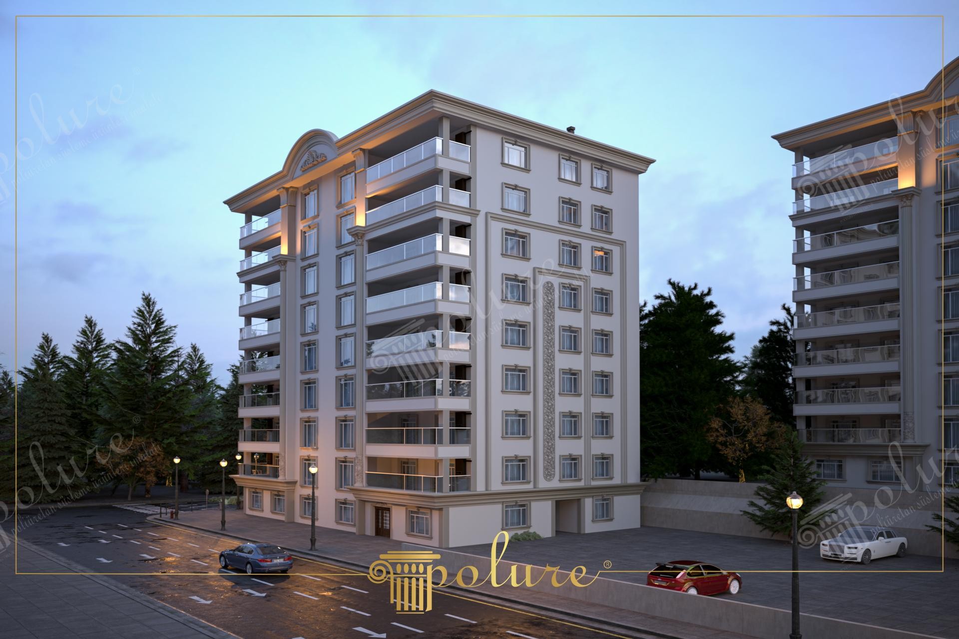 8 katlı modern konut projesinin dış cephesini zenginleştiren, dikey pilaster sütunlar, pencere söveleri ve yatay kat silmelerinden oluşan beyaz poliüretan kaplamalar.