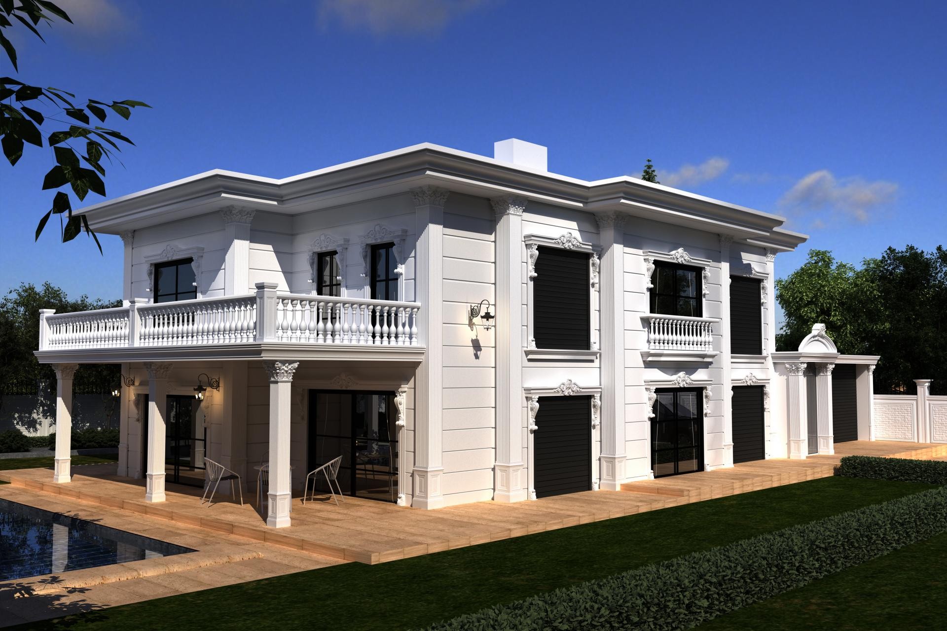 Beyaz dış cephe boyasına sahip iki katlı modern villada uygulanan zarif poliüretan taşıyıcı görünümlü kolonlar, taçlı pencere söveleri ve balkon korkuluk dizilimi.
