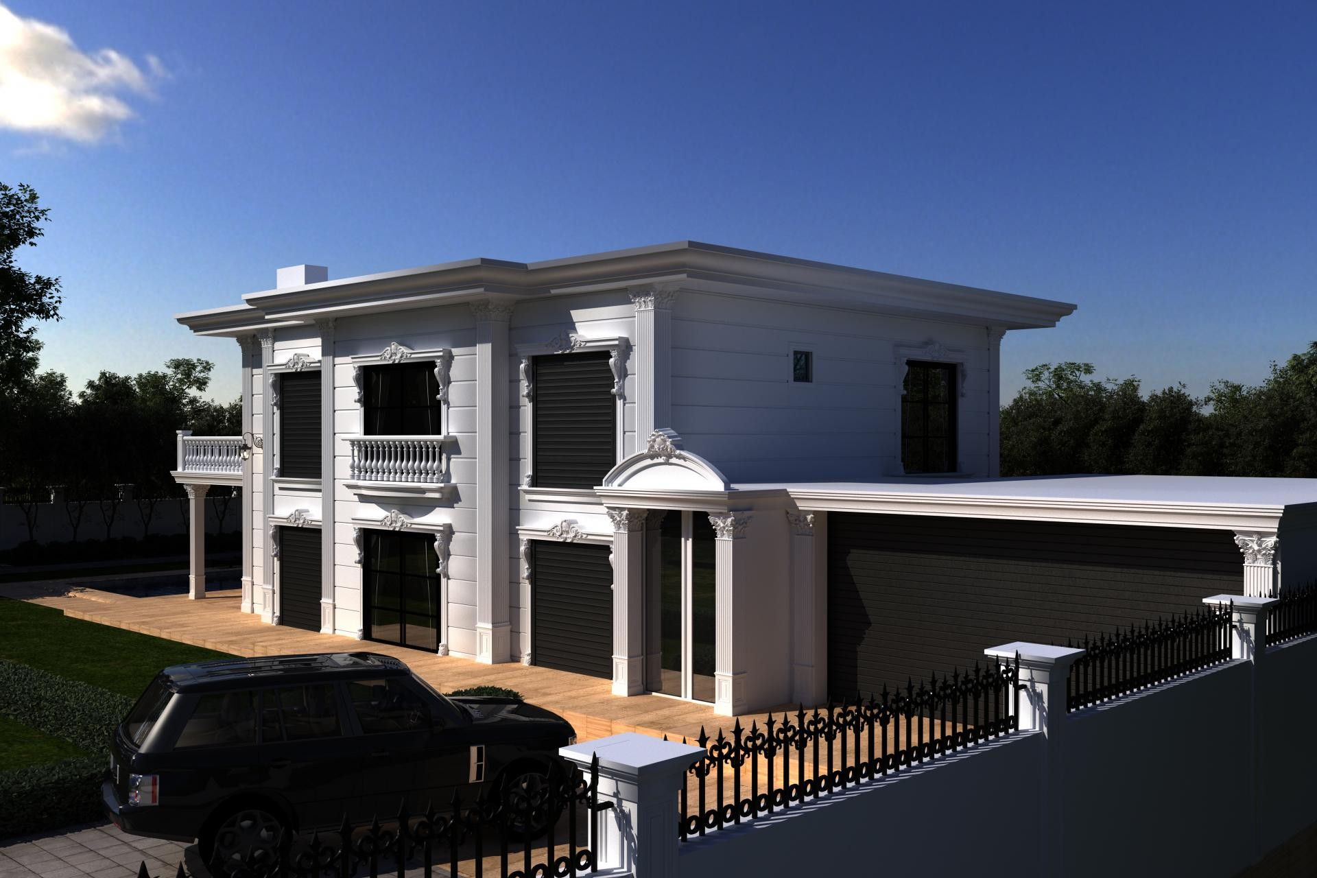Bembeyaz poliüretan dış cephe kaplamaları, taçlı oymalı pencereler ve dikey pilaster sütunlarla süslenmiş iki katlı lüks villa cephesi.