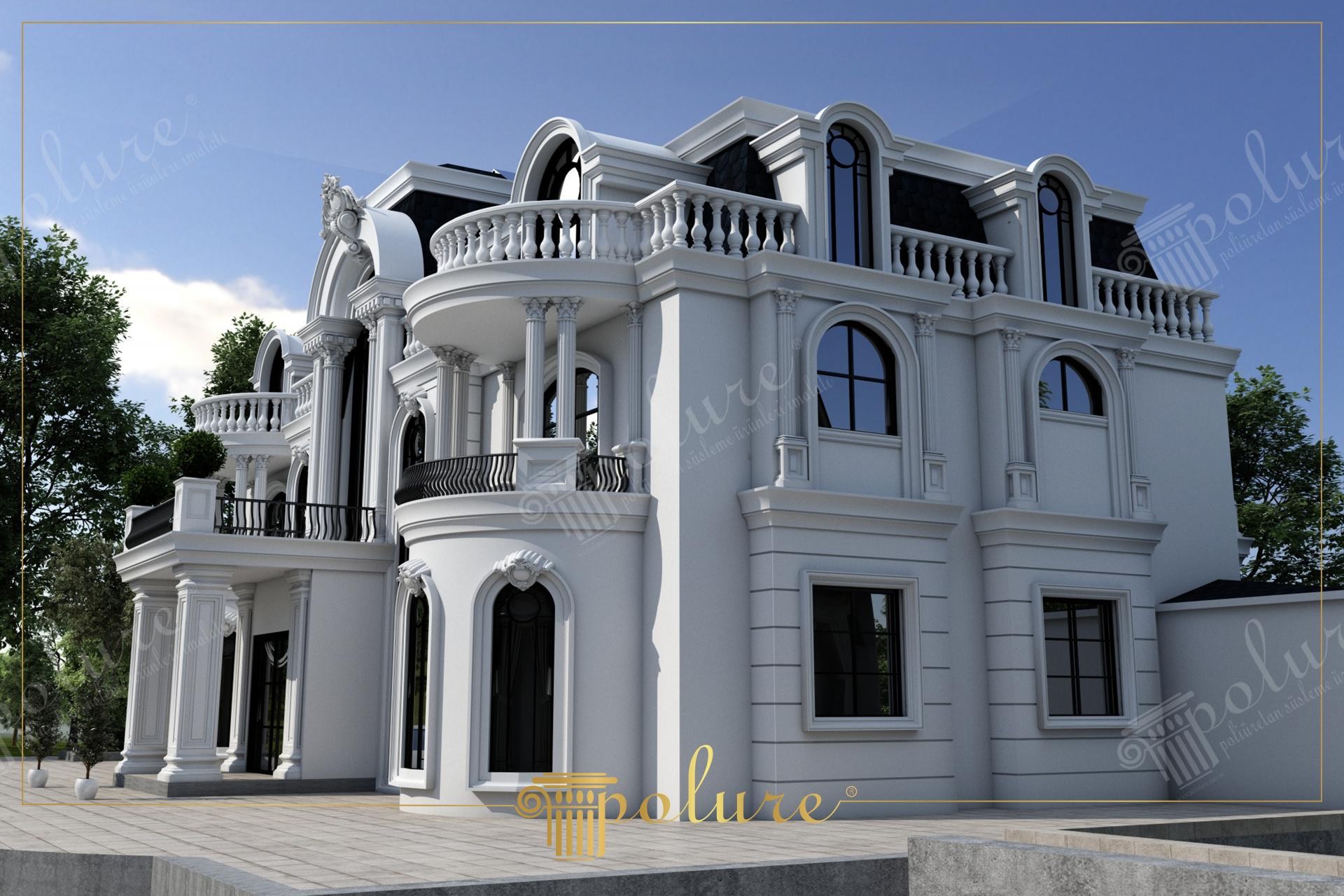 Lüks villa dış cephesinde kemerli pencereler etrafına uygulanan poliüretan oluklu sütunlar, korint başlıklar ve dekoratif teras korkulukları.