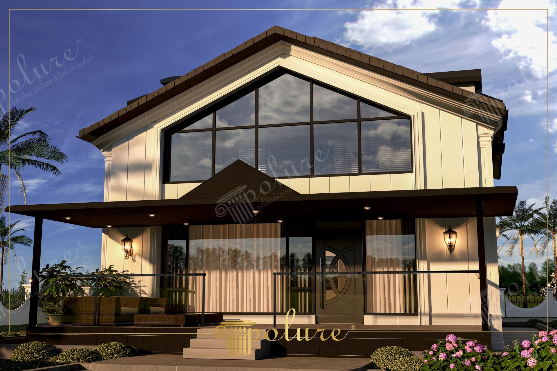 Modern villa ön cephesinde beyaz renkli dikey dekoratif poliüretan paneller, şık kapı söveleri ve dikey pilaster sütun uygulaması.