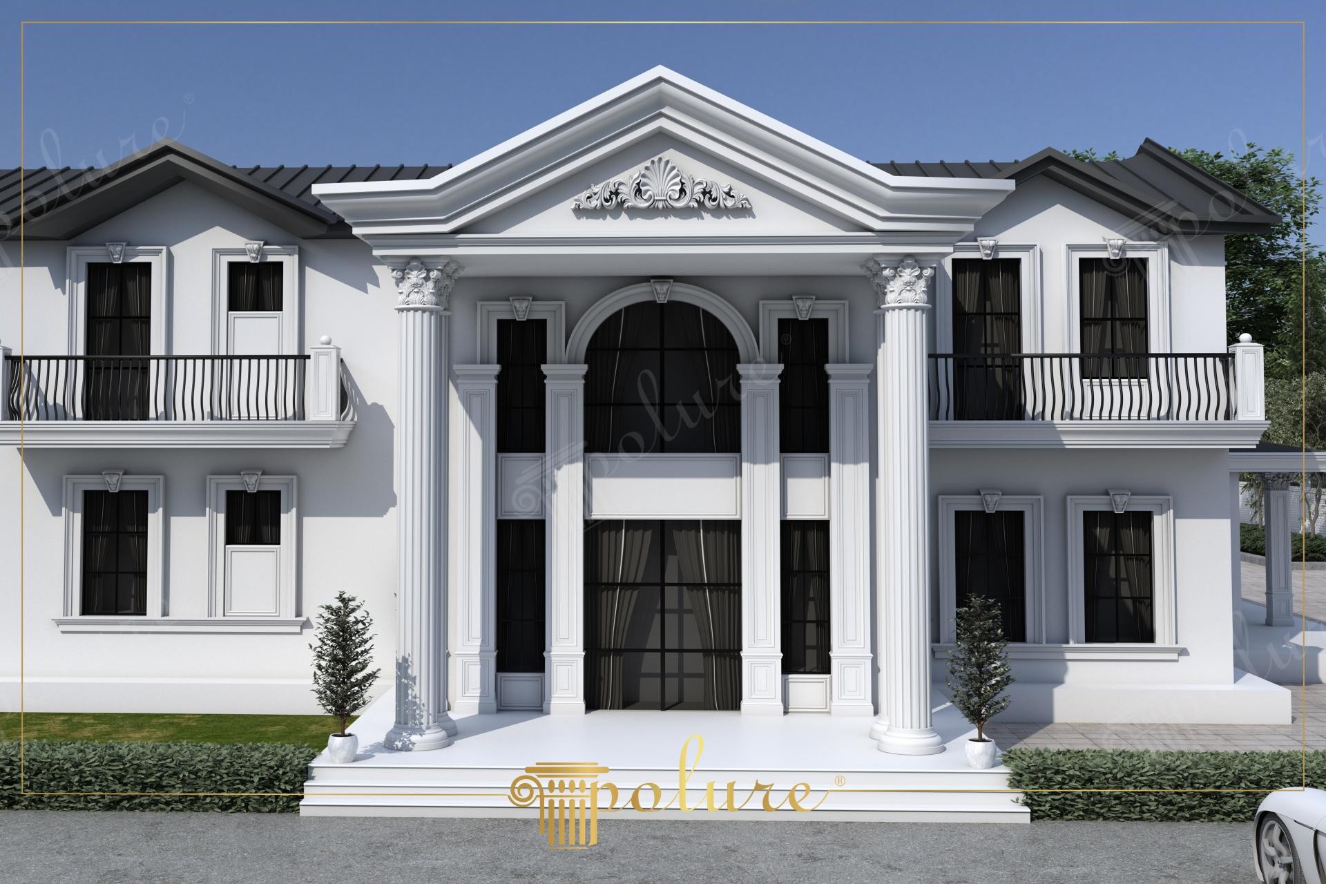 Beyaz renkteki müstakil lüks villa dış cephesine uygulanan anıtsal yivli poliüretan sütunlar ve motifli üçgen alınlık (pediment) dekorasyonu.