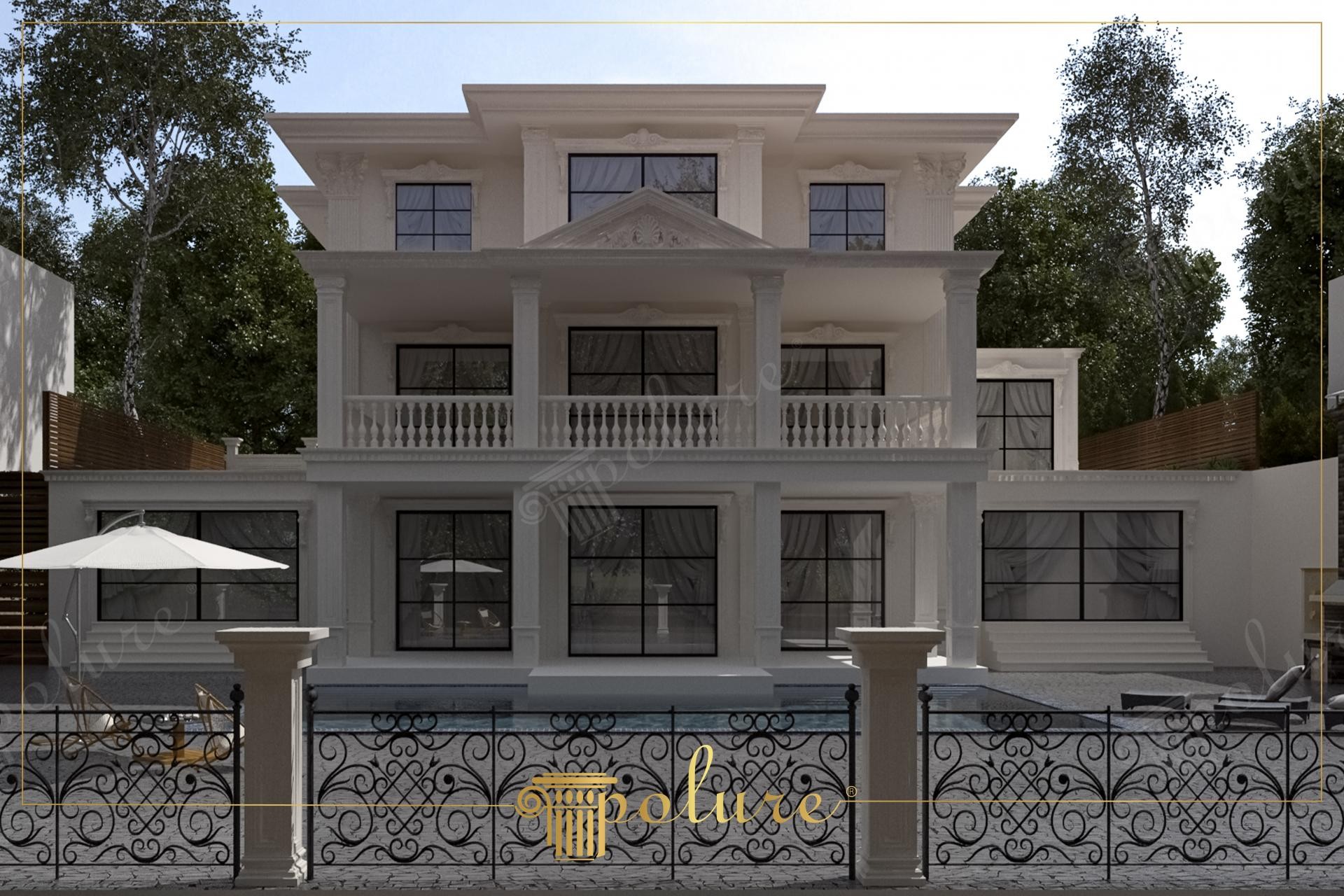 Açık renkli yivli sütunlar, pencere söveleri, balkon korkulukları ve havuz başı detayları ile tasarlanmış üç katlı lüks villa cephesi.