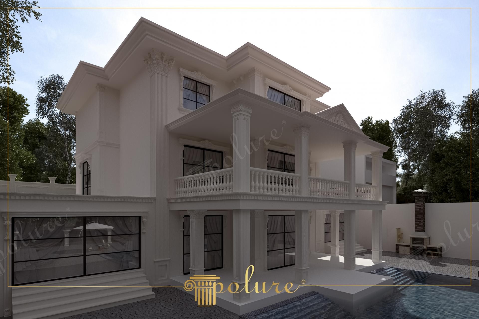 Beyaz renkli yivli sütunlar, pencere söveleri ve klasik balkon korkulukları ile dekore edilmiş, antrasit pencereli şık villa dış cephesi.