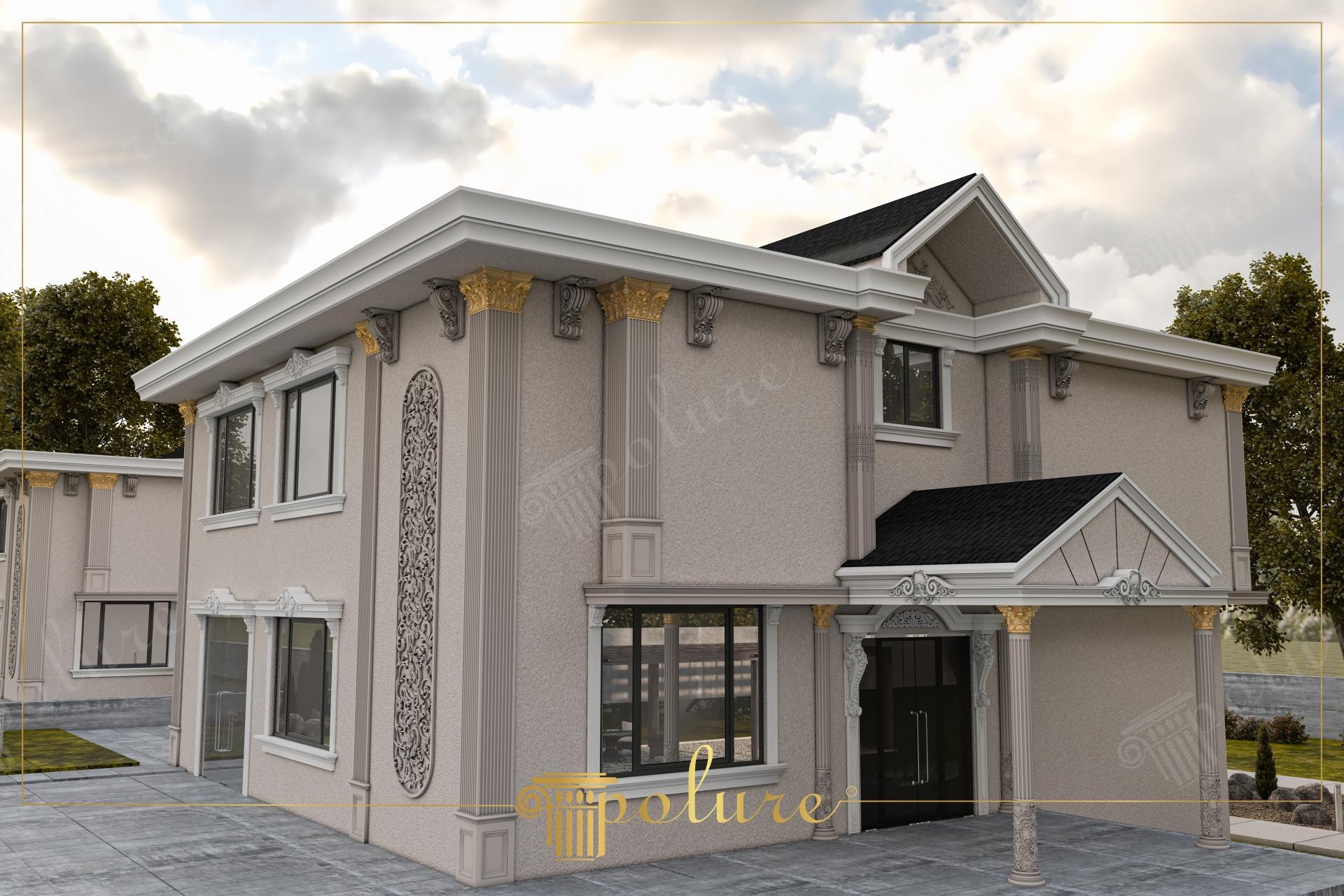 Pencerelerde söve, balkon ve çatı altlarında payanda, giriş bölümünde sütunlar kullanılarak dekore edilmiş iki katlı villa dış cephesi.