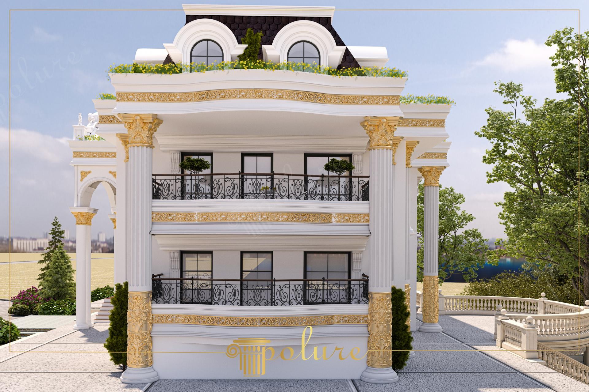 Beyaz renkli müstakil villa cephesinde altın varak detaylarıyla süslenmiş sütun, balkon korkuluğu ve payanda uygulamaları.