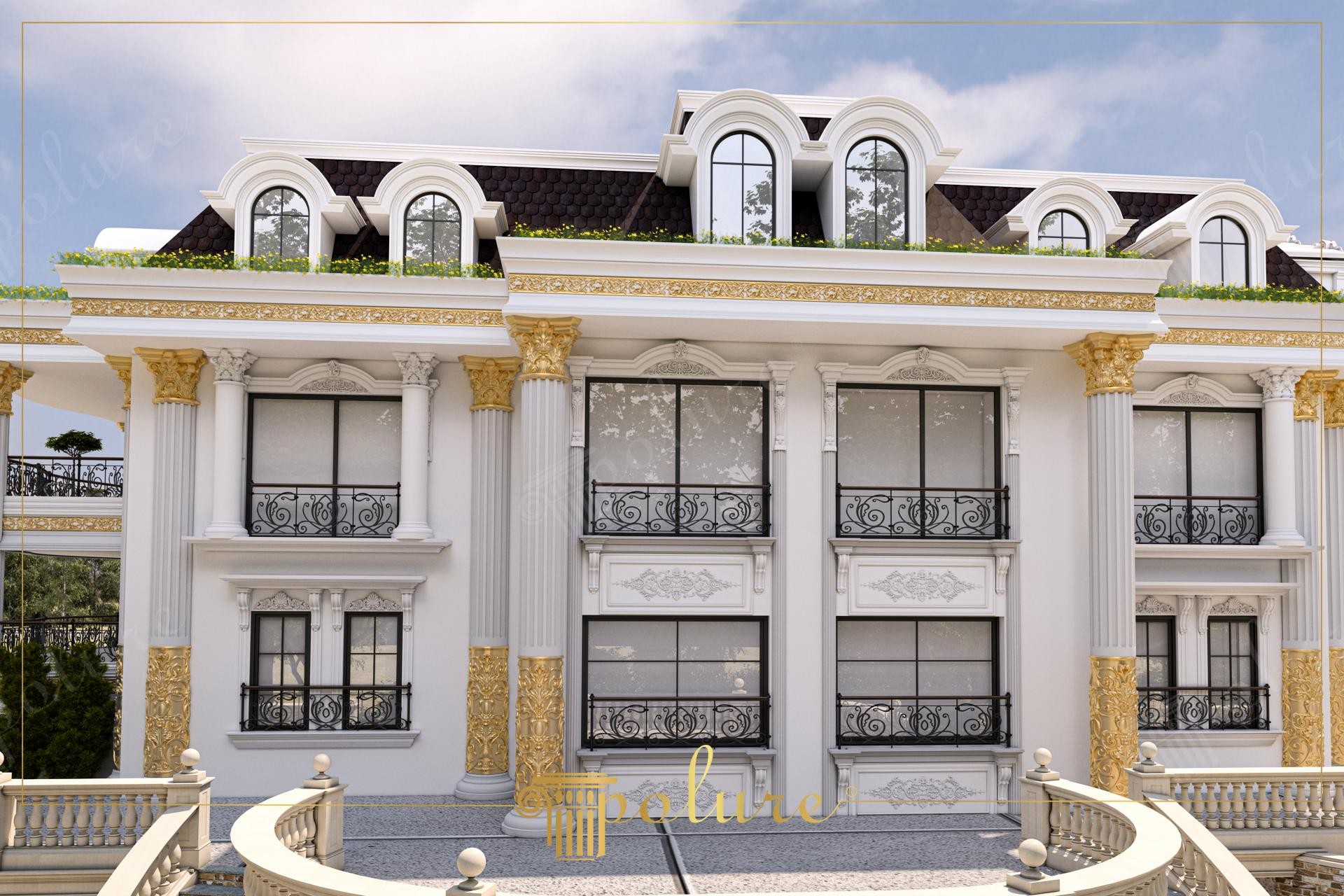 Klasik tarzda inşa edilmiş villa cephesinde konumlandırılan altın yaldızlı sütun, söve, balustrad ve dekoratif panel uygulamaları.