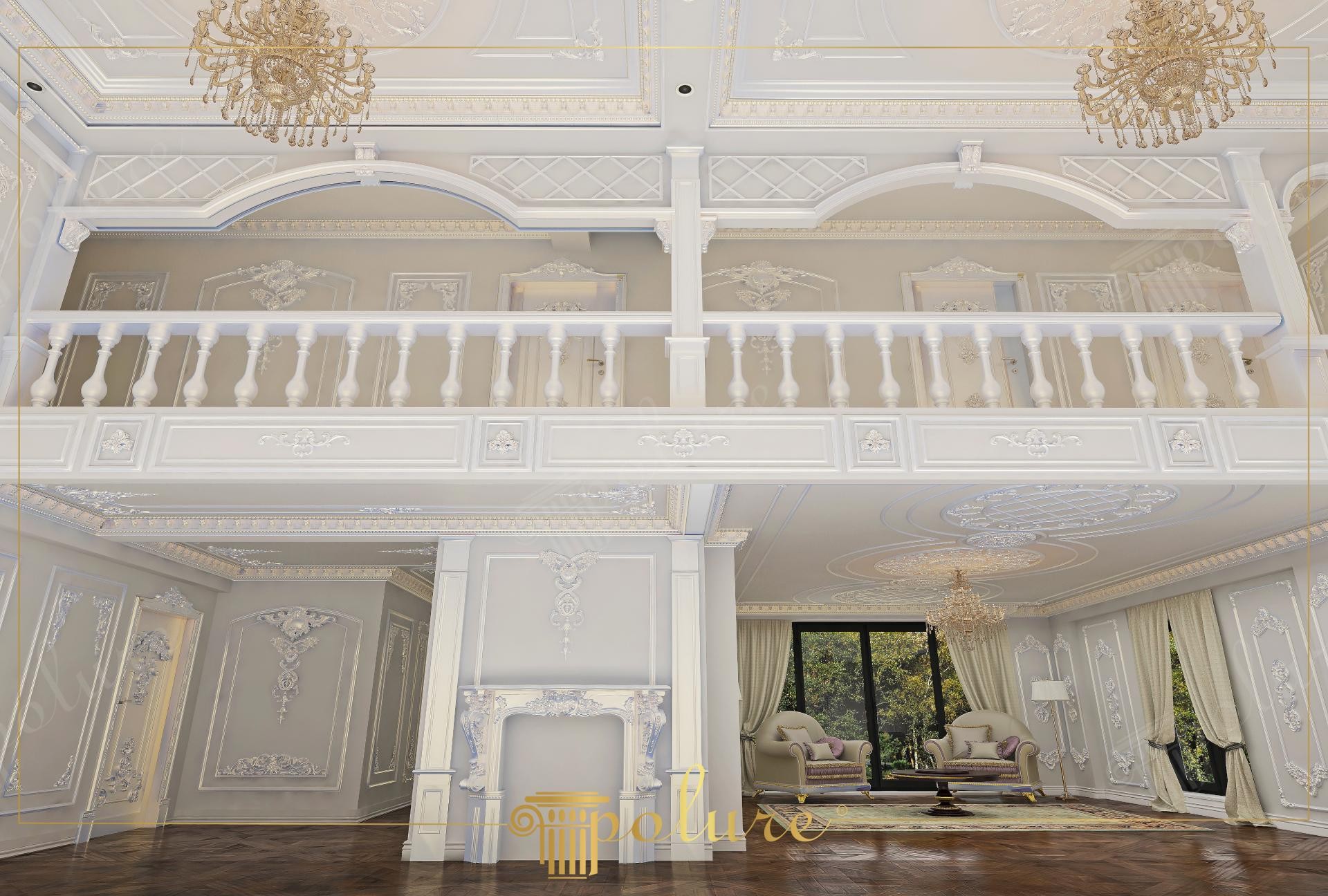 Yüksek tavanlı çift katlı salonda merkezde şömine tasarımı, etrafında dikey pilaster sütunlar ve simetrik duvar süsleri.