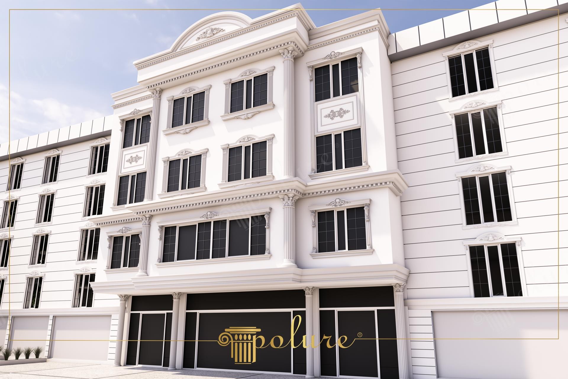 Beyaz dış boyaya sahip olan, pencere söveleri, dekoratif taçlar ve pilaster sütunlar kullanılarak dekore edilmiş çok katlı cephe.