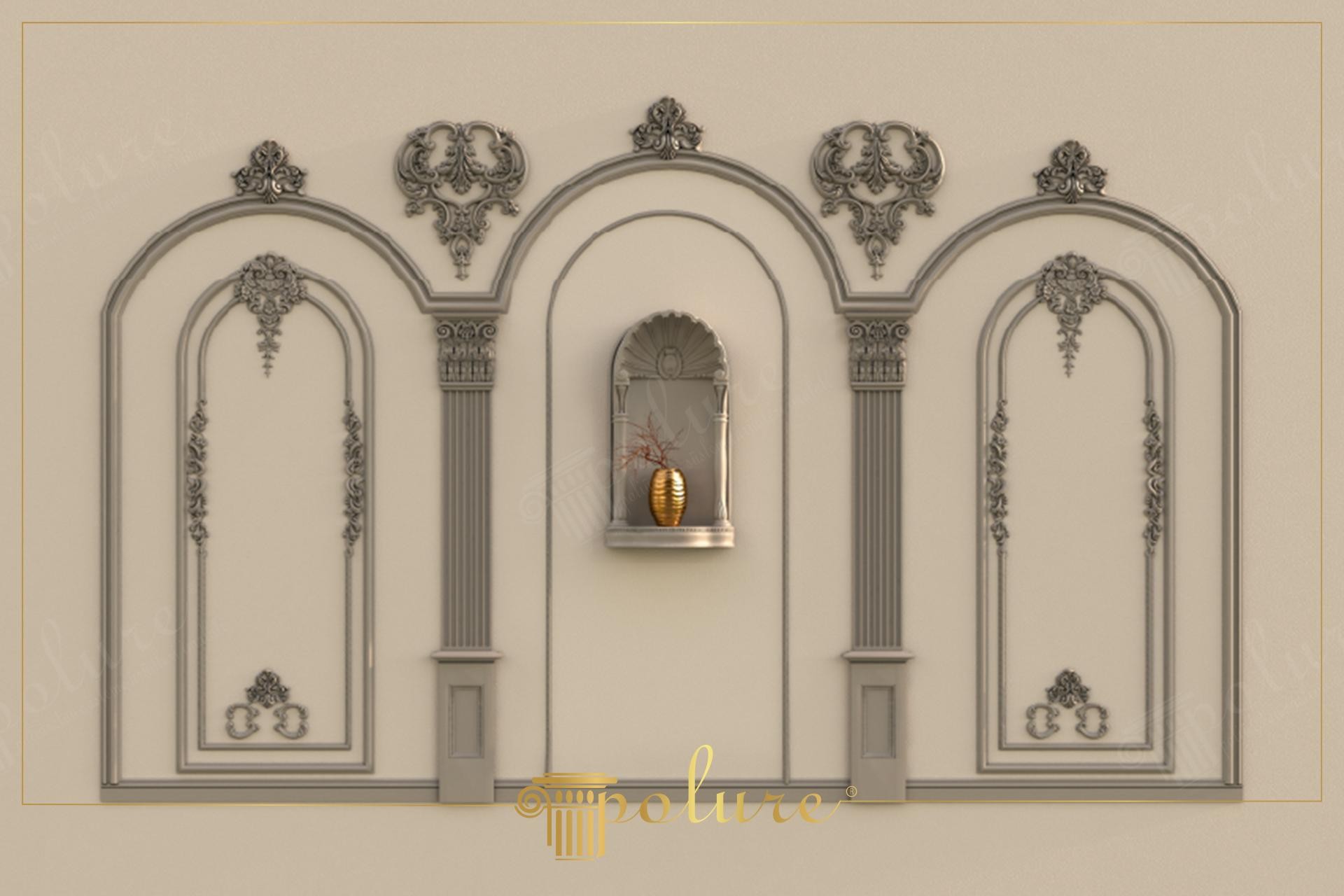 P08 duvar nişi, simetrik çıta düzeni ve işlemeli pilaster sütunlar ile tamamlanmış estetik iç mekan duvar tasarımı.