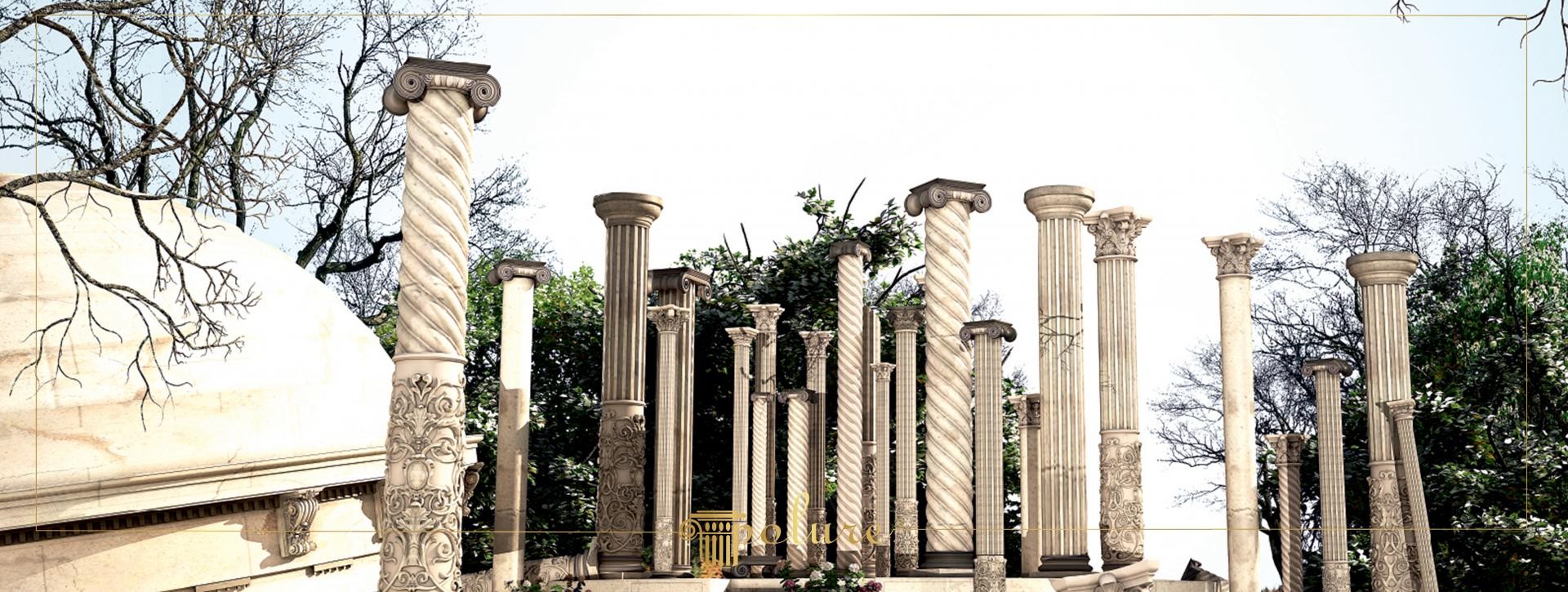 Dış cephe peyzaj uygulamaları için yan yana dizilmiş, farklı ebatlarda yivli ve helezon (burma) formlu beyaz dekoratif sütunlar ve klasik başlık tasarımları.