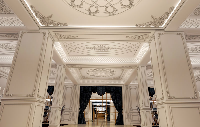 Pilaster Sütunlar ve Tavan Süslemeleriyle Geniş Salon Konseptleri