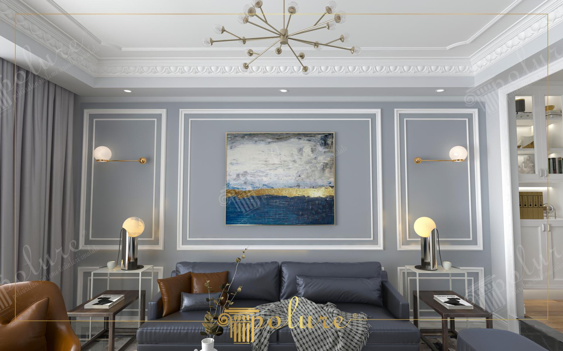 Gri boyalı salon duvarında beyaz renkli dış ve iç çıta panelleri, geniş tavan kartonpiyeri ve sanat tabloları ile süslenmiş modern dekorasyon.