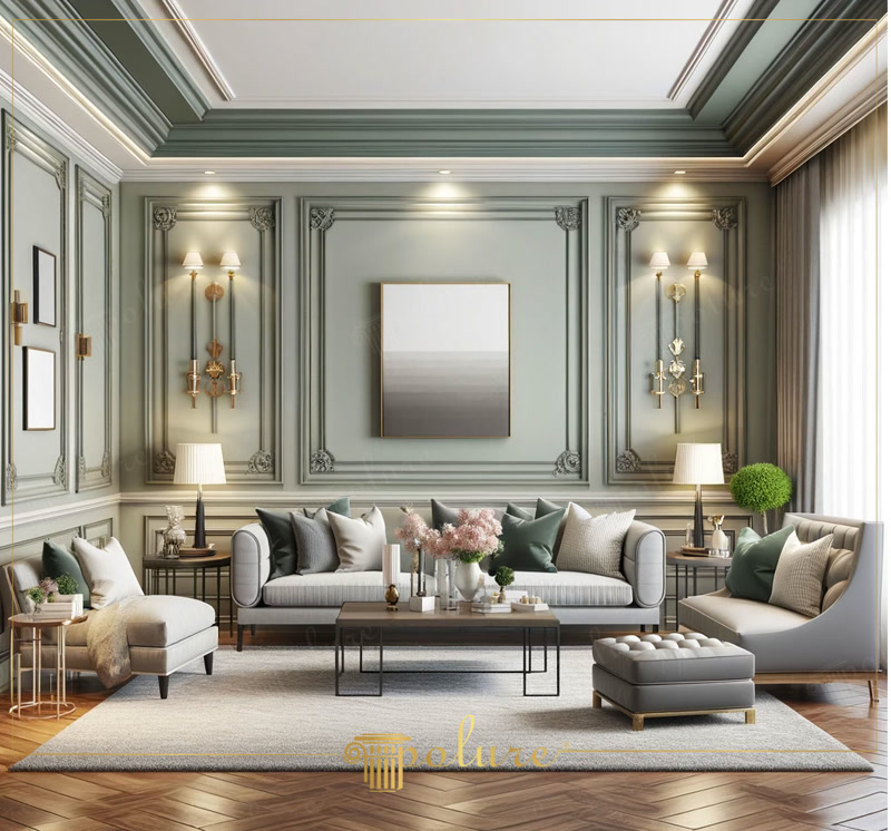 Gri ve Yeşil Tonlarda Modern Salon Poliüretan Duvar Çıtası Tasarımları