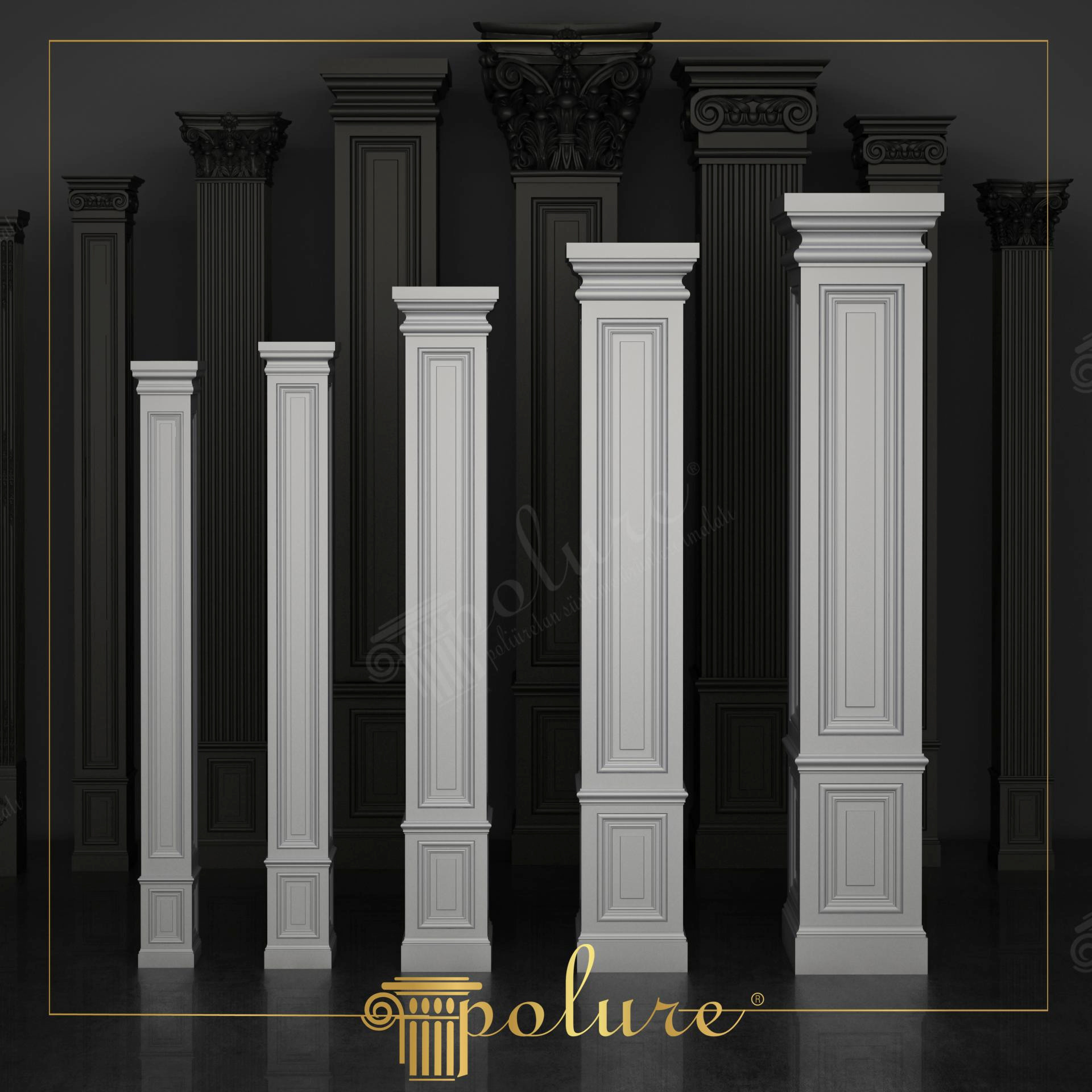 Siyah ve beyaz renklerde, stüdyo ortamında yan yana dizilmiş farklı boyutlardaki poliüretan pilaster sütun modeller.