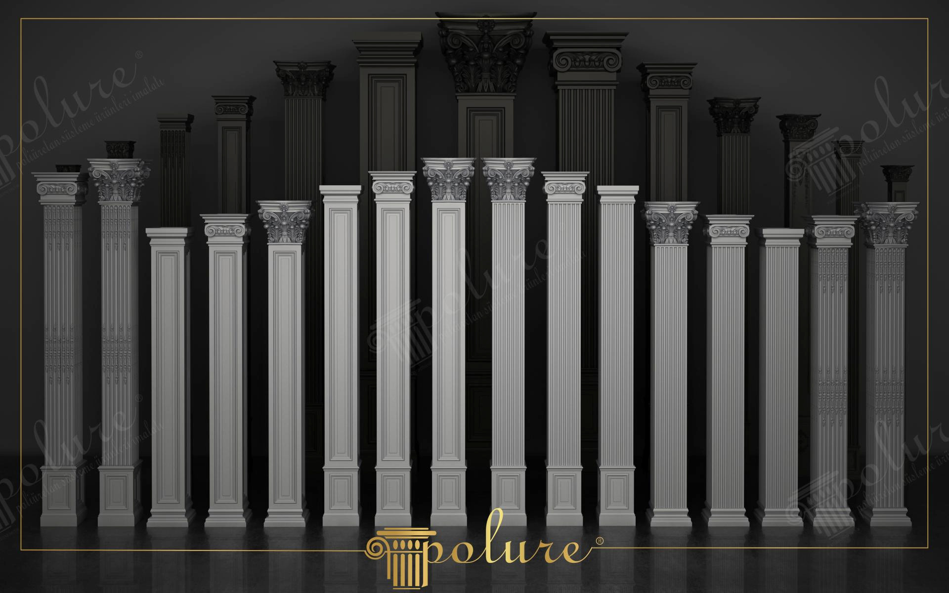 Yivli ve düz yüzeyli alternatifleriyle dikkat çeken, farklı başlık tasarımlarına sahip beyaz poliüretan pilaster sütun serisi.