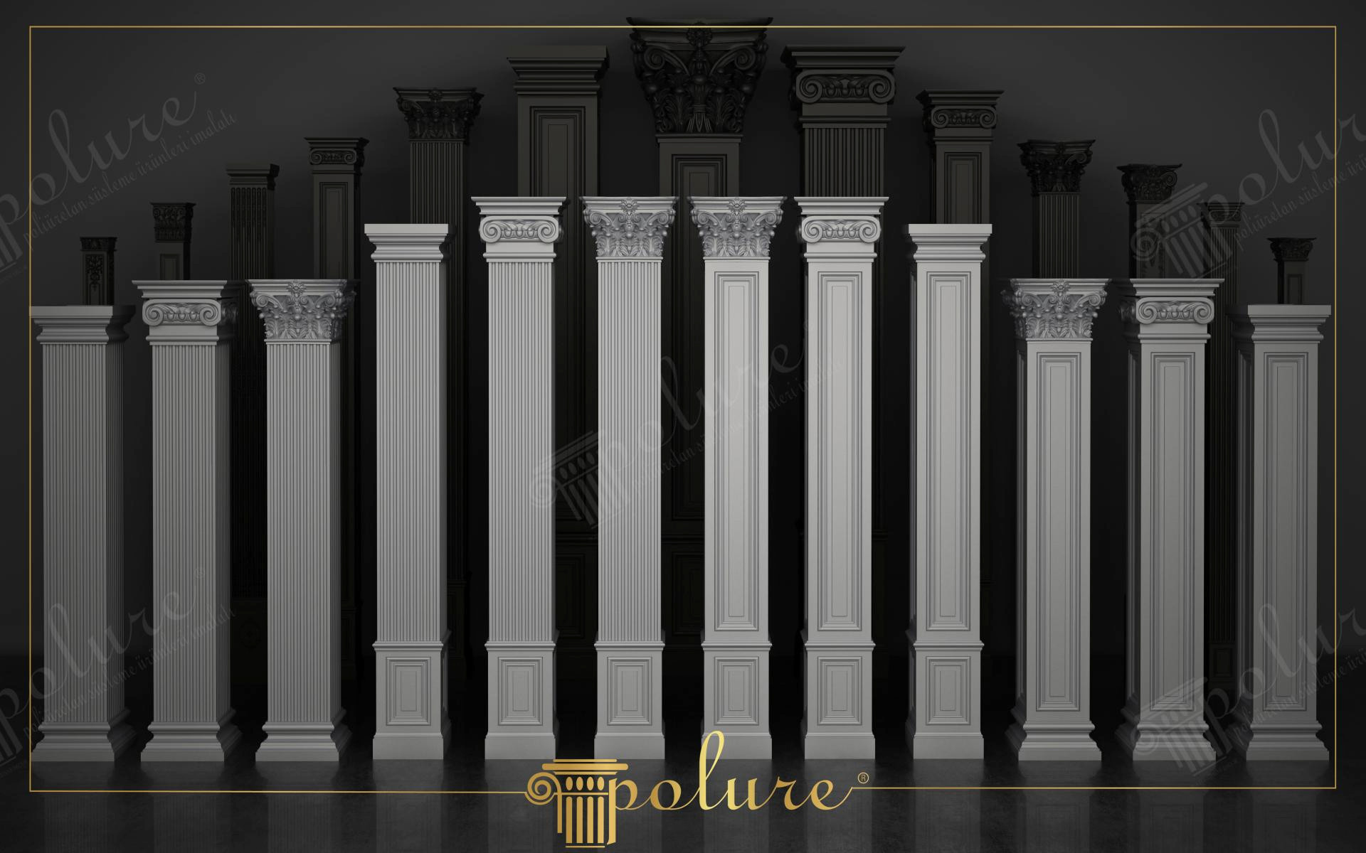 Yivli ve düz panel yapılarıyla, çeşitli oymalı kapitel detaylarına sahip beyaz renkli poliüretan pilaster sütun profilleri.