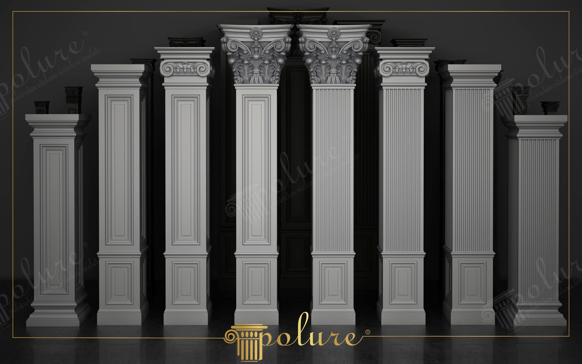 İon ve Korint başlık işlemelerine sahip, gri renkle astarlanmış yivli ve düz gövdeli poliüretan pilaster sütun modelleri.