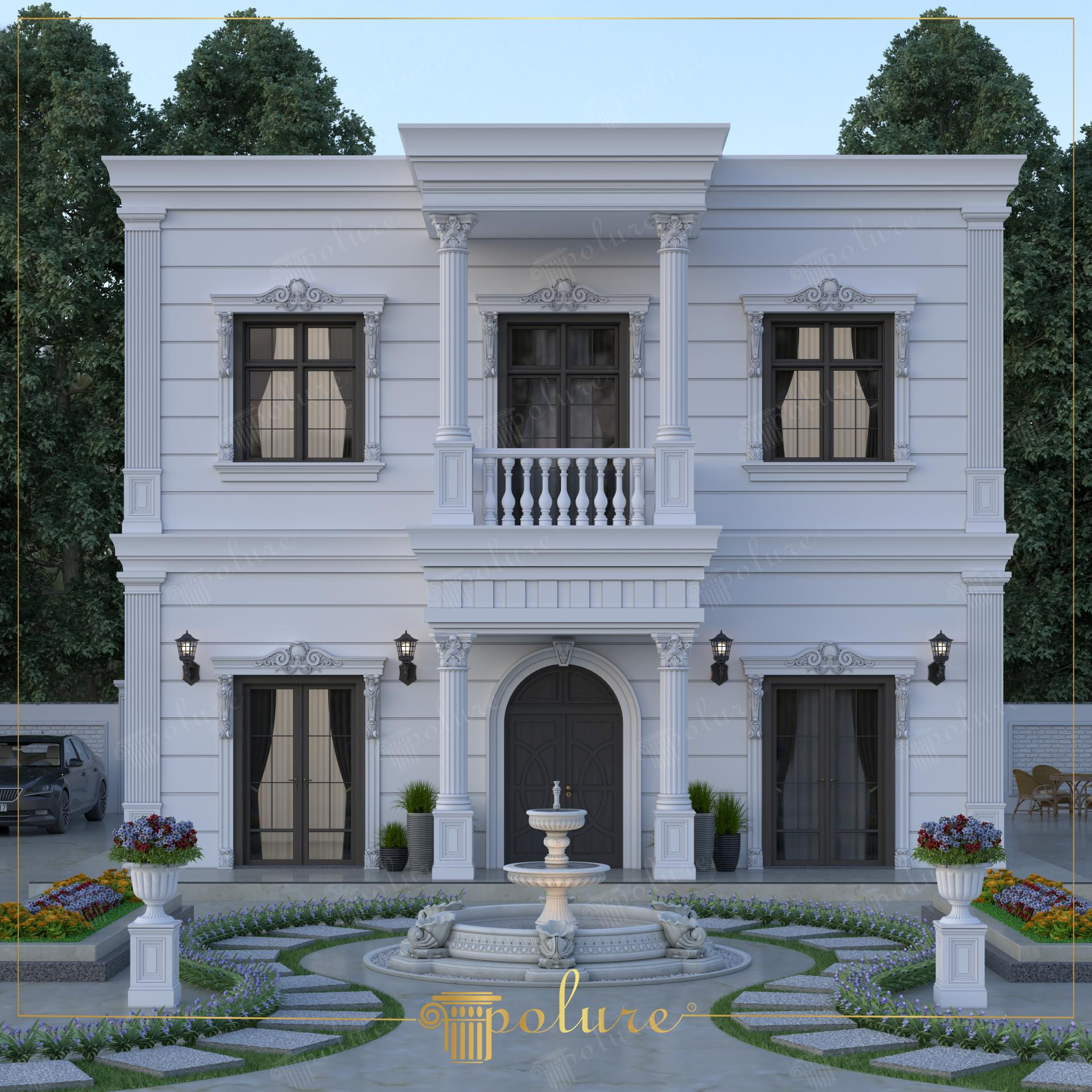 Beyaz renkli iki katlı neoklasik villa cephesinde dekoratif söve, taç, sütun ve derzli panel uygulamaları.