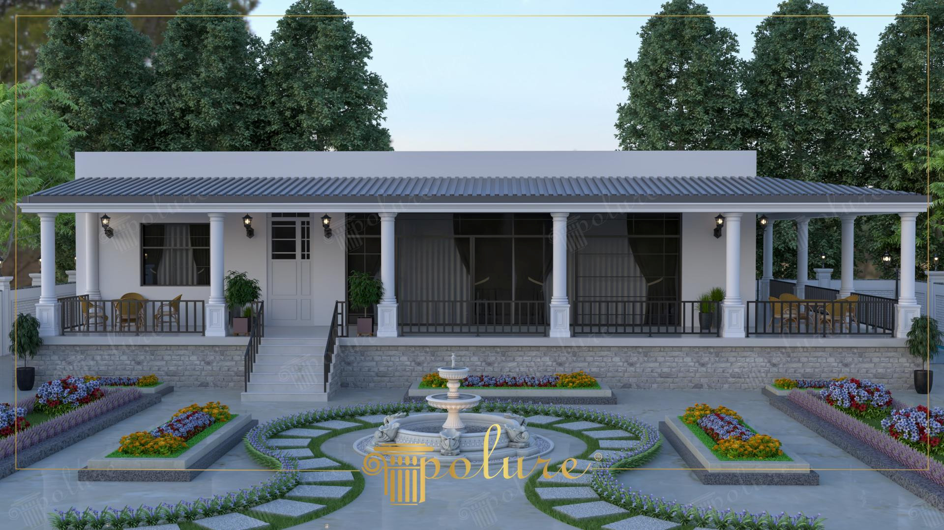 Taş subasman üzeri beyaz dekoratif sütun, söve ve panellerle tasarlanmış tek katlı villa verandası.