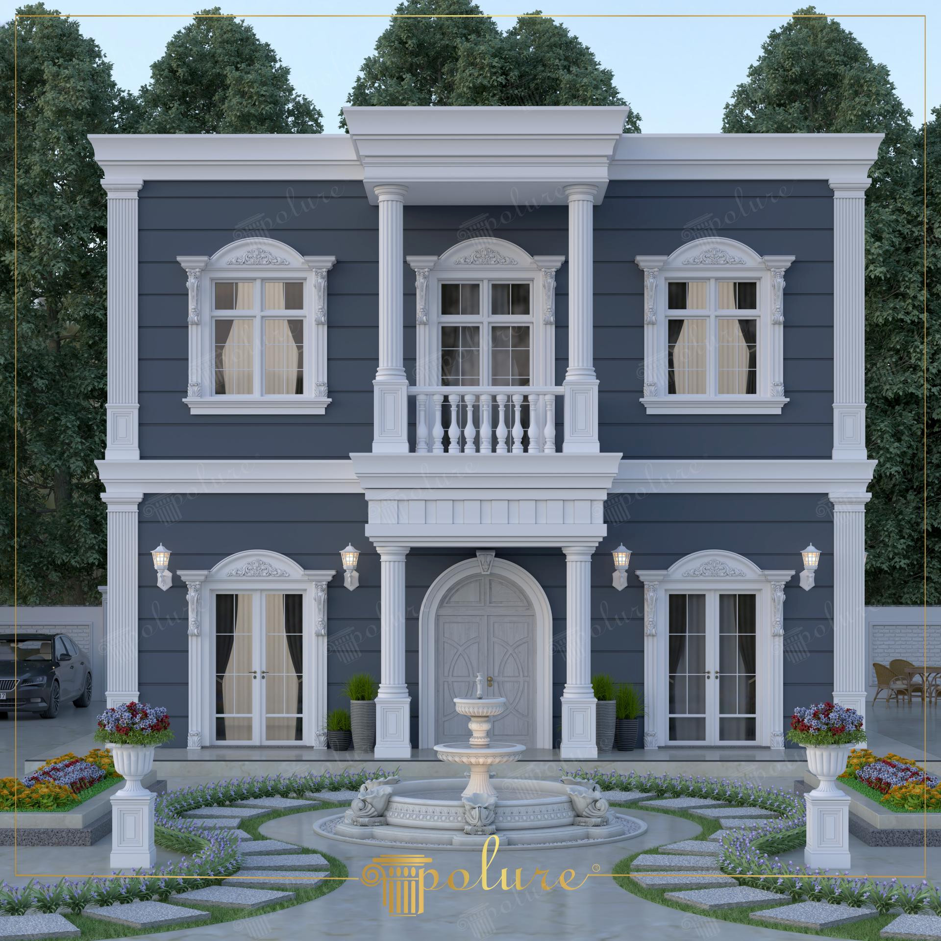Antrasit renkli zemin panelleri üzerinde beyaz pencere taçları, söveler ve pilaster sütunlarla süslenmiş neoklasik villa.