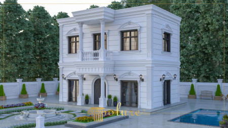 Beyaz Neoklasik Villada Kemerli Pencere ve Pilaster Detayları
