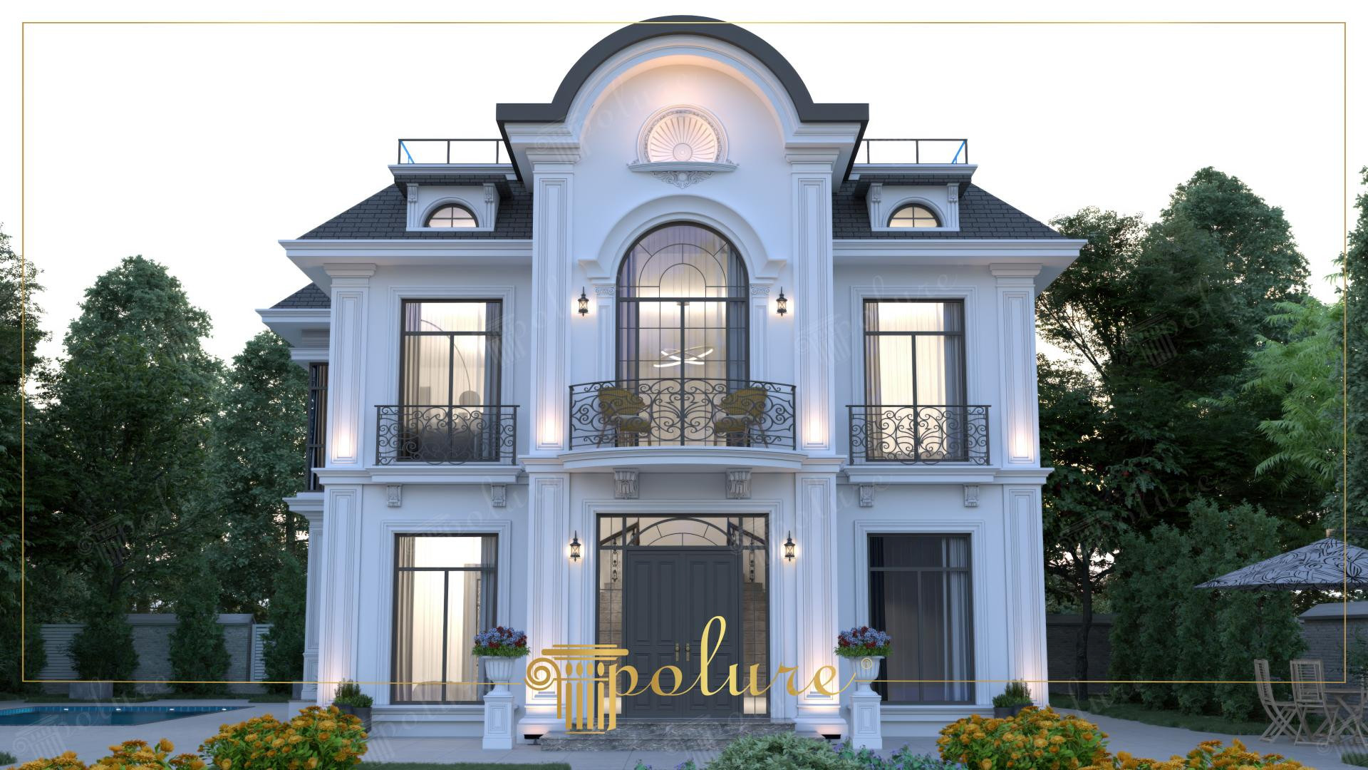 İki katlı beyaz renge boyanmış villa cephesinde uygulanan poliüretan pilaster, pencere taçları, panel ve söve modelleri.