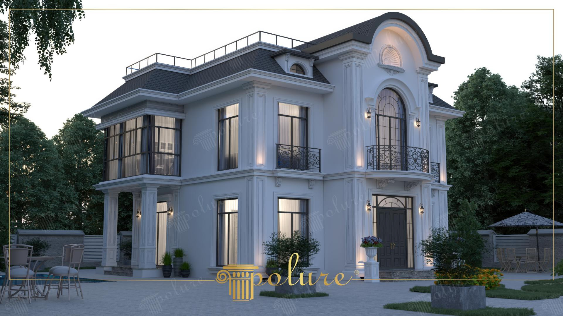 İki katlı beyaz neoklasik villa dış cephesinde uygulanan poliüretan söve, taç, pilaster sütun ve dekoratif duvar panelleri.