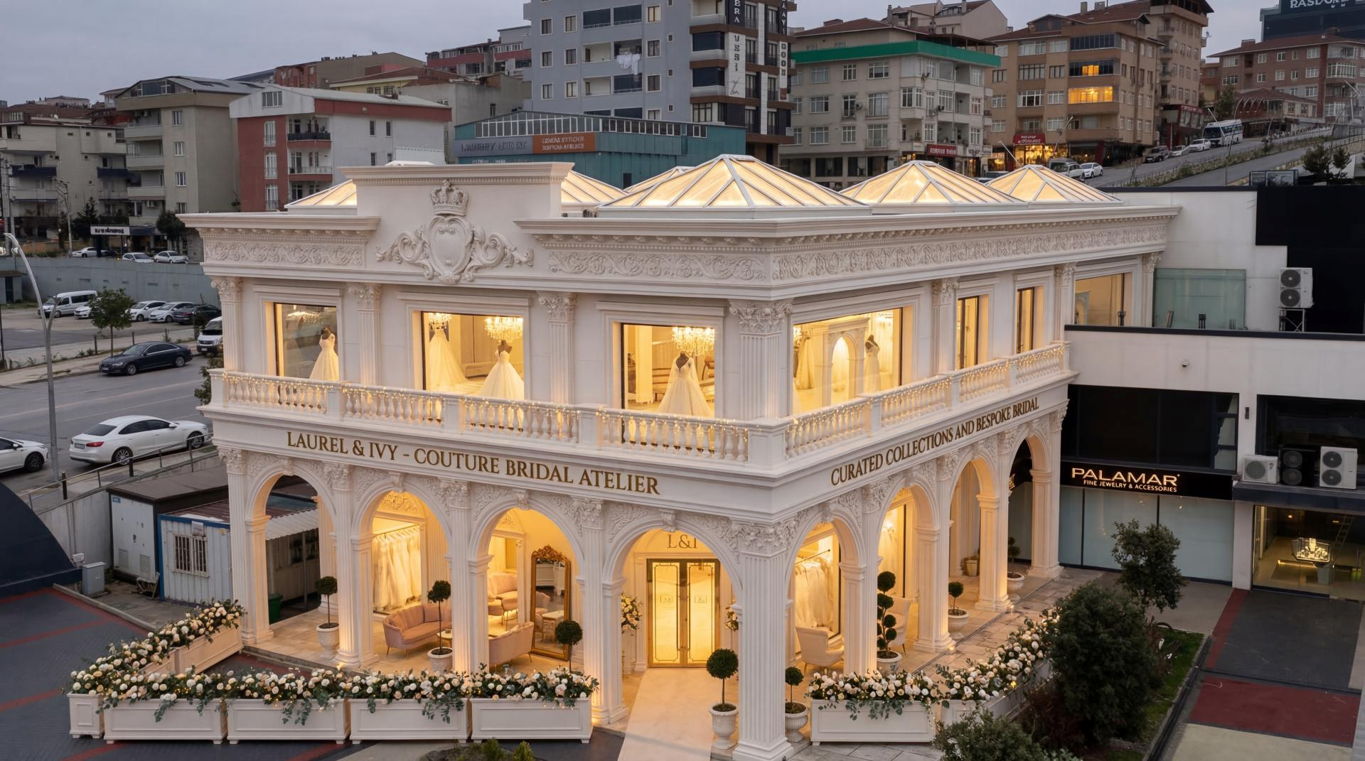 İki katlı beyaz ticari mağazanın dış cephesinde kemerli vitrinleri vurgulayan poliüretan söveler, dikey pilaster sütunlar ve çatı katındaki balustrad korkuluklar.