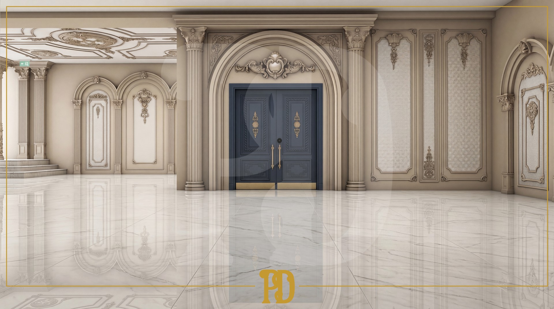 Geniş iç mekanda duvara uygulanan poliüretan pilaster sütun, kavisli kemer detayları ve panel çerçeveleri