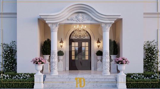 Villa Girişinde Dekoratif Kapı Tacı ve Sütun Uygulamaları