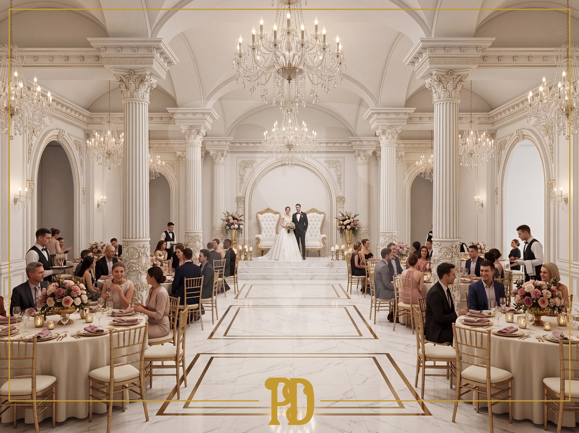 Düğün salonunda yer alan P5020 ve P5530 pilaster sütunlar, yuvarlak kavisli kemerler, P7308 tavan göbeği ve şık aydınlatmalı dekoratif tavan süslemeleri.