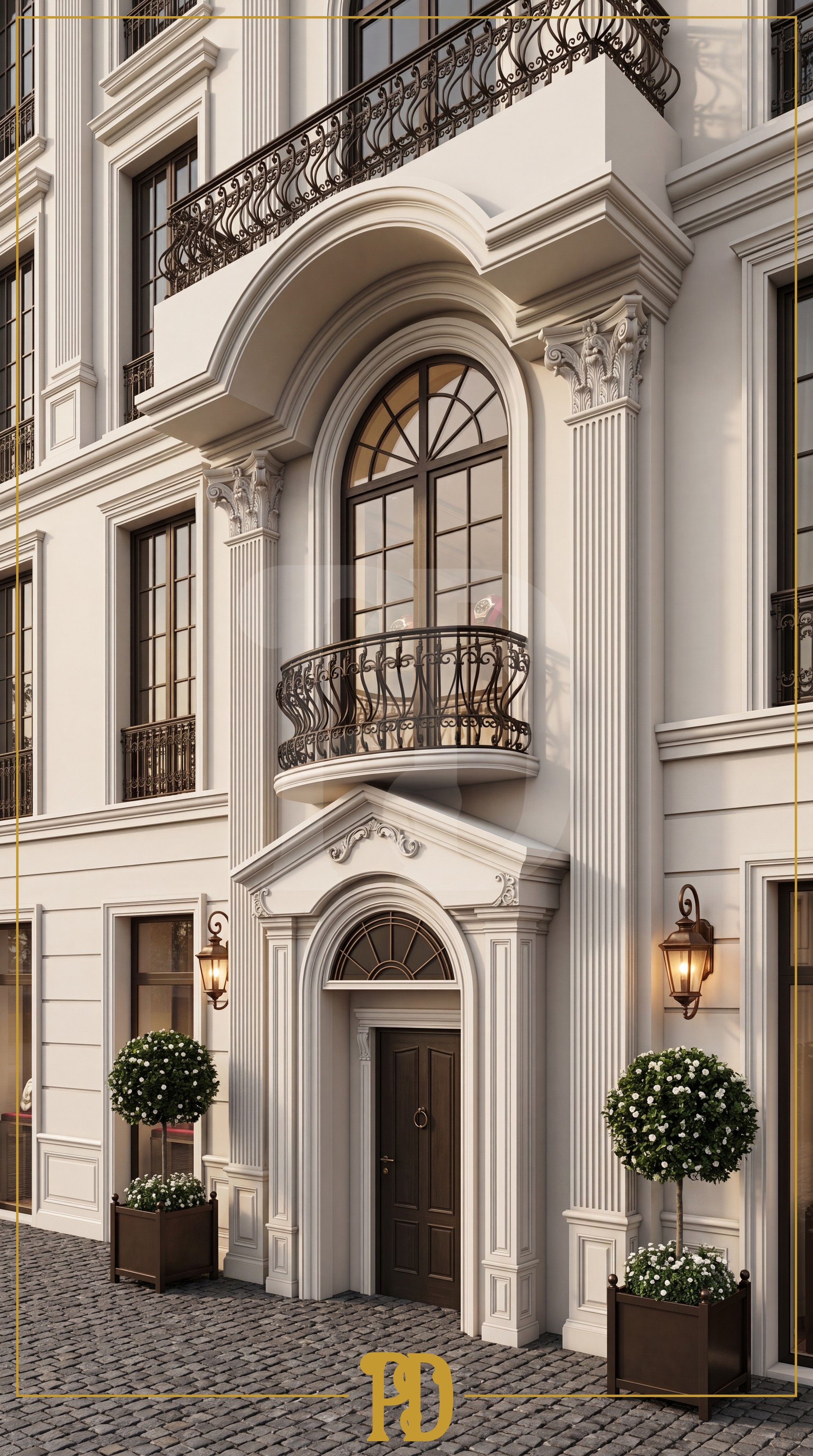 Neo-klasik tasarımlı, beyaz poliüretan pilaster sütun, başlık detayları ve kavisli kemer ile şekillendirilmiş estetik bina giriş kapısı.