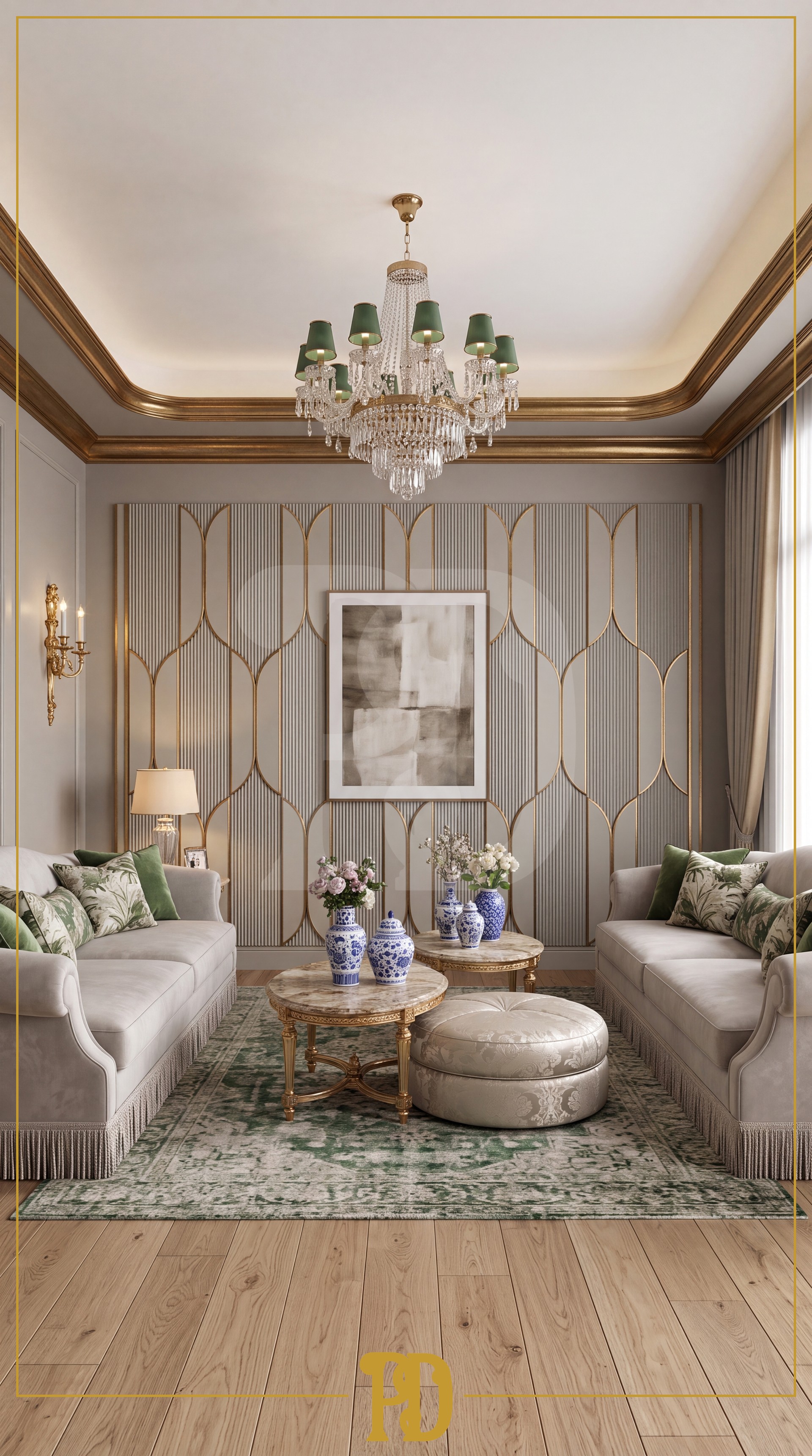 Klasik tarzda altın detaylı geniş tavan çıtası ve duvarlarda dikey hatlı panel kaplamaları içeren salon tasarımı.
