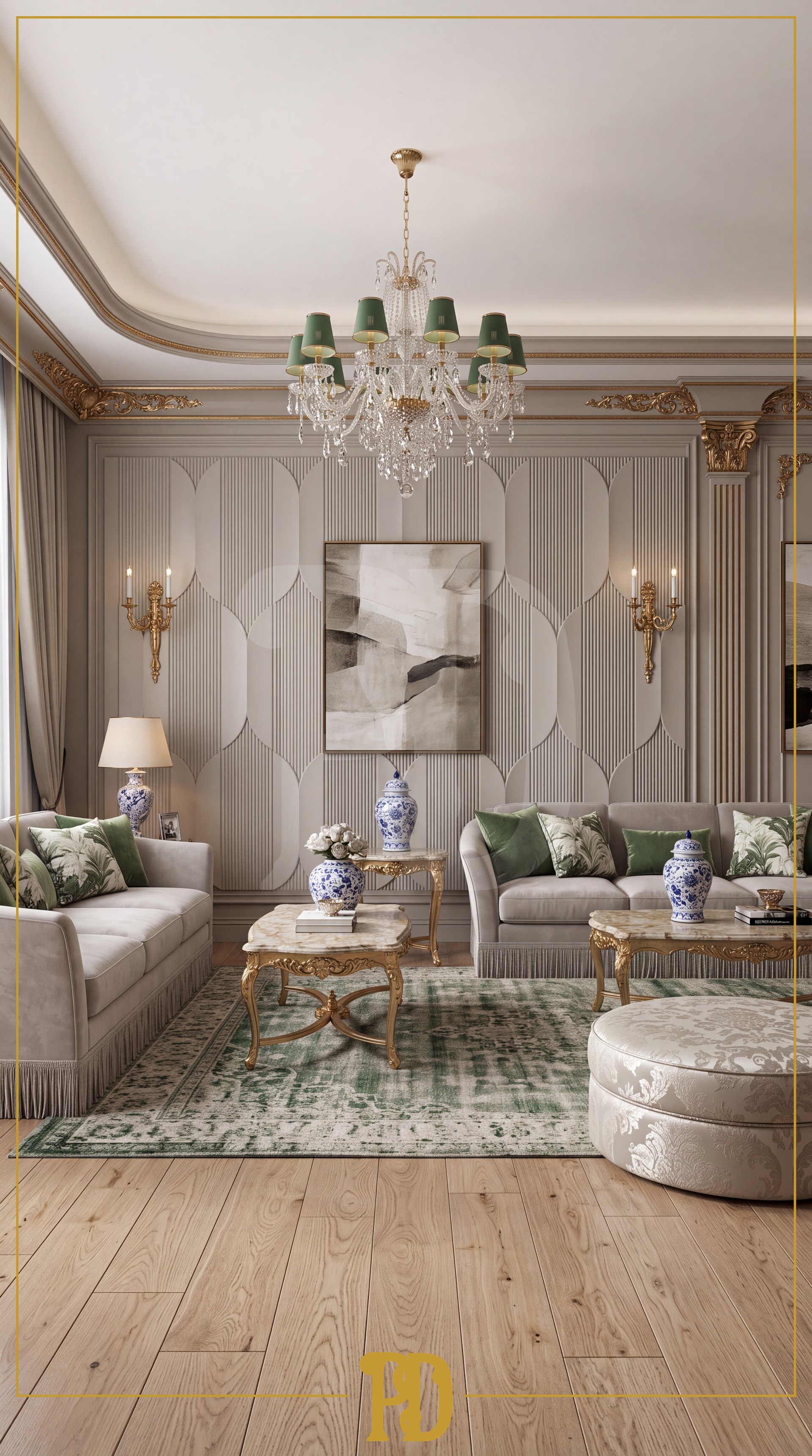 Bej ve gri tonlarındaki salon duvarında klasik pilaster sütunlar, dikey çizgili poliüretan paneller ve altın detaylı aplikler.
