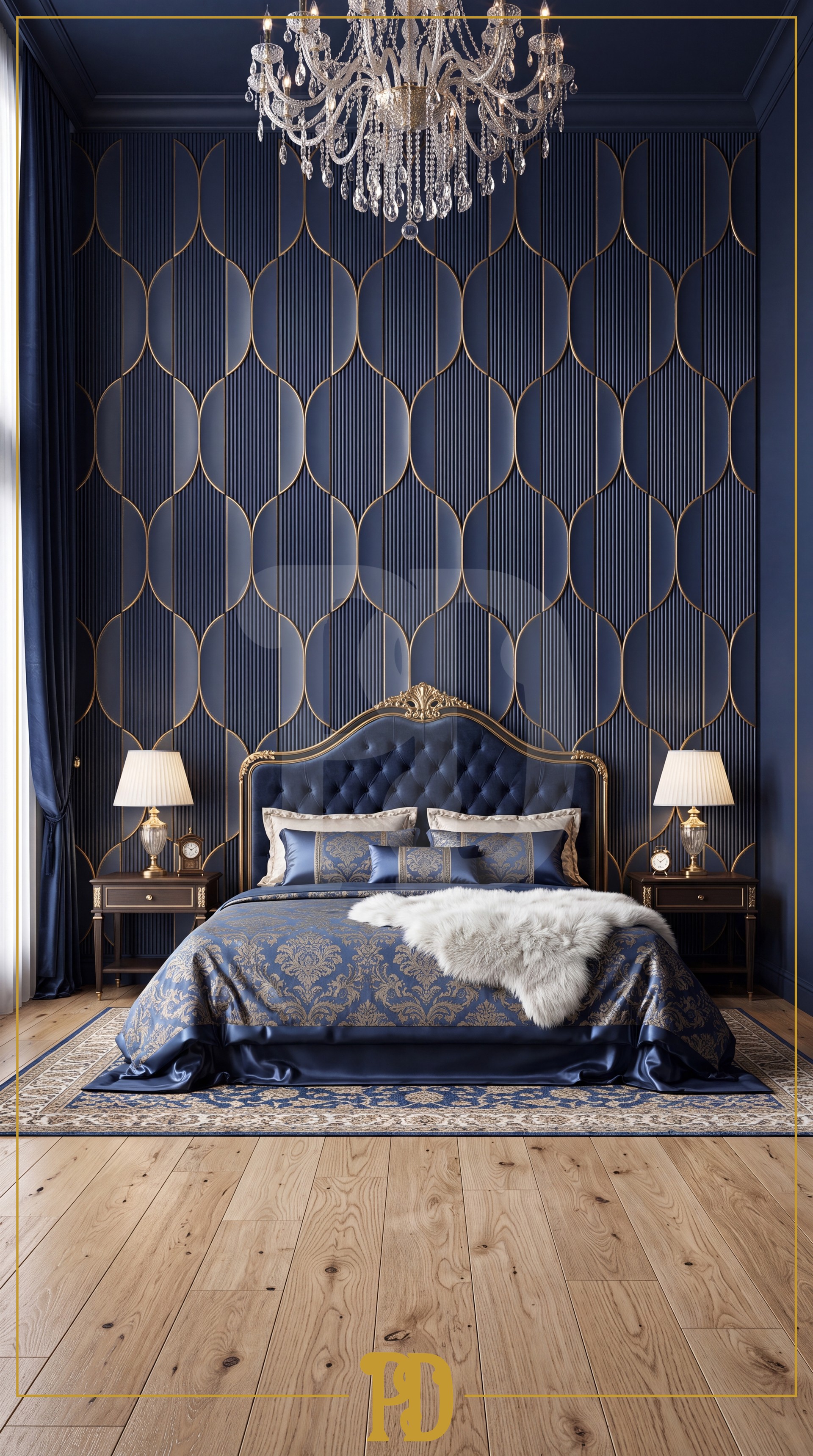 Lacivert renk üzerine altın sarısı poliüretan oval motifler ve dikey P312020 panellerle kaplanmış, kristal avizeli şık yatak odası