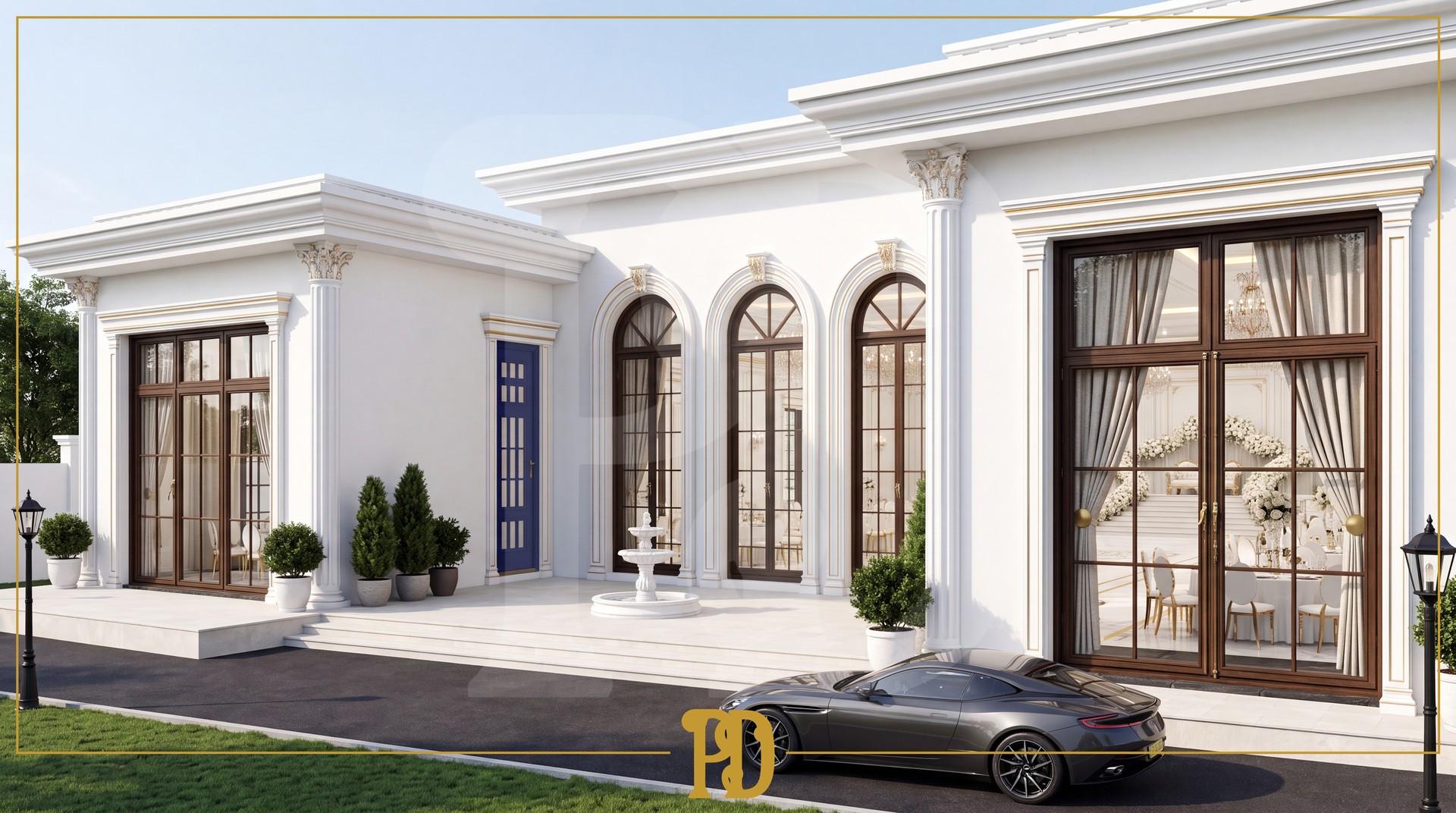 Beyaz renkli geniş pencereli düğün salonu cephesinde uygulanan söve, pilaster sütun ve kavisli kemer kaplamaları.