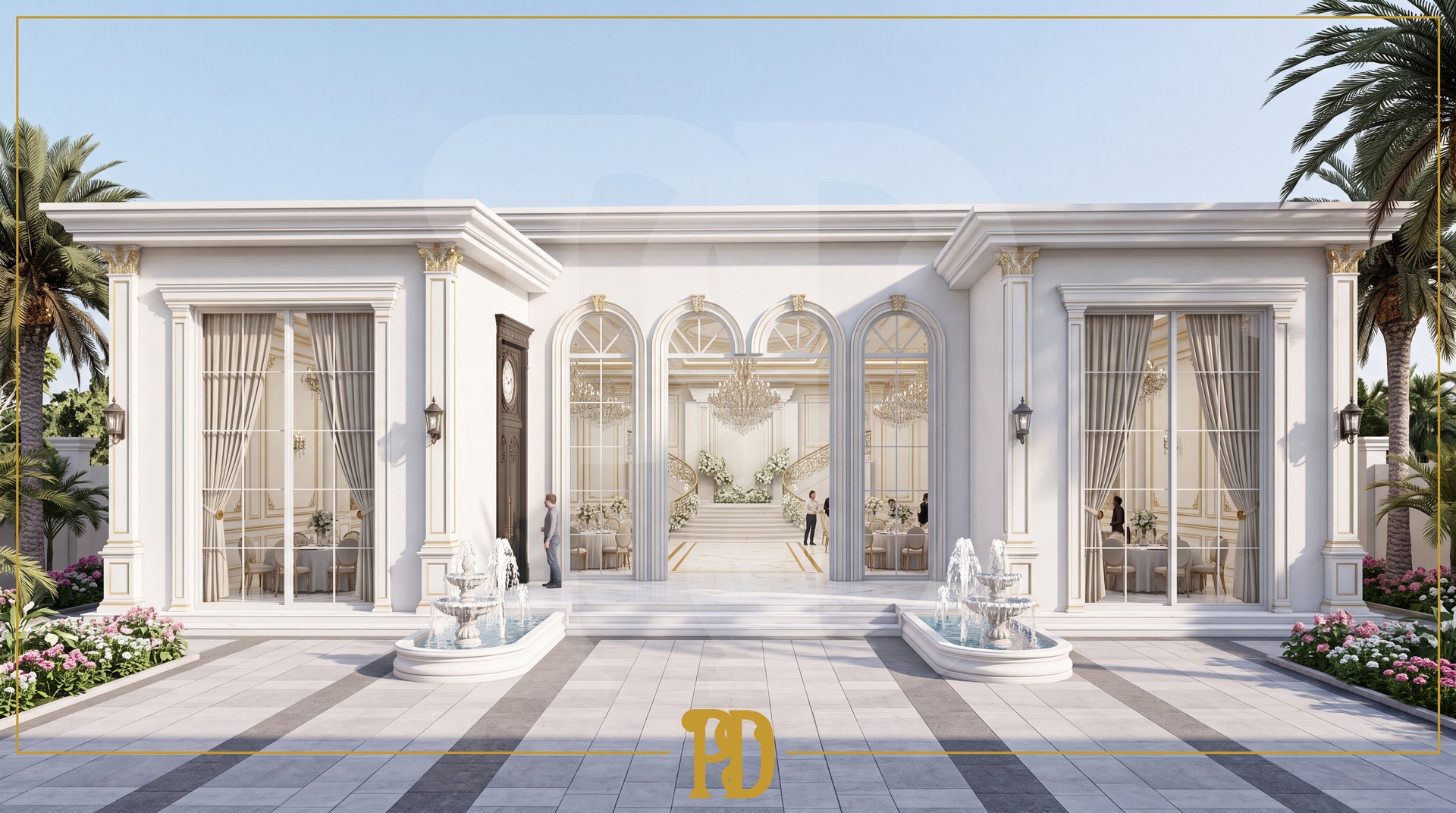 Pencere etraflarında dairesel kavis kemerler, uzun pilaster sütunlar ve dekoratif dış cephe sövelerine sahip ticari düğün salonu.
