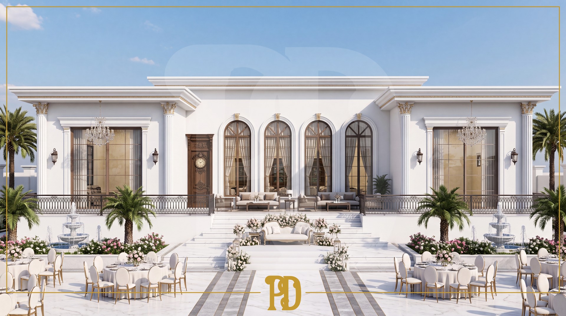 Beyaz ağırlıklı dış cephe konseptine sahip açık hava düğün salonunun pilaster sütun ve kavis kemer detayları.