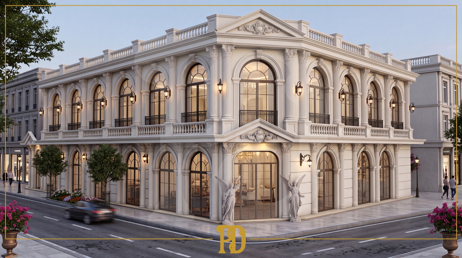 Ticari bir binanın dış cephesine uygulanmış, klasik motifli poliüretan kavisli kemer, pencere söveleri ve pilaster sütun detayları.