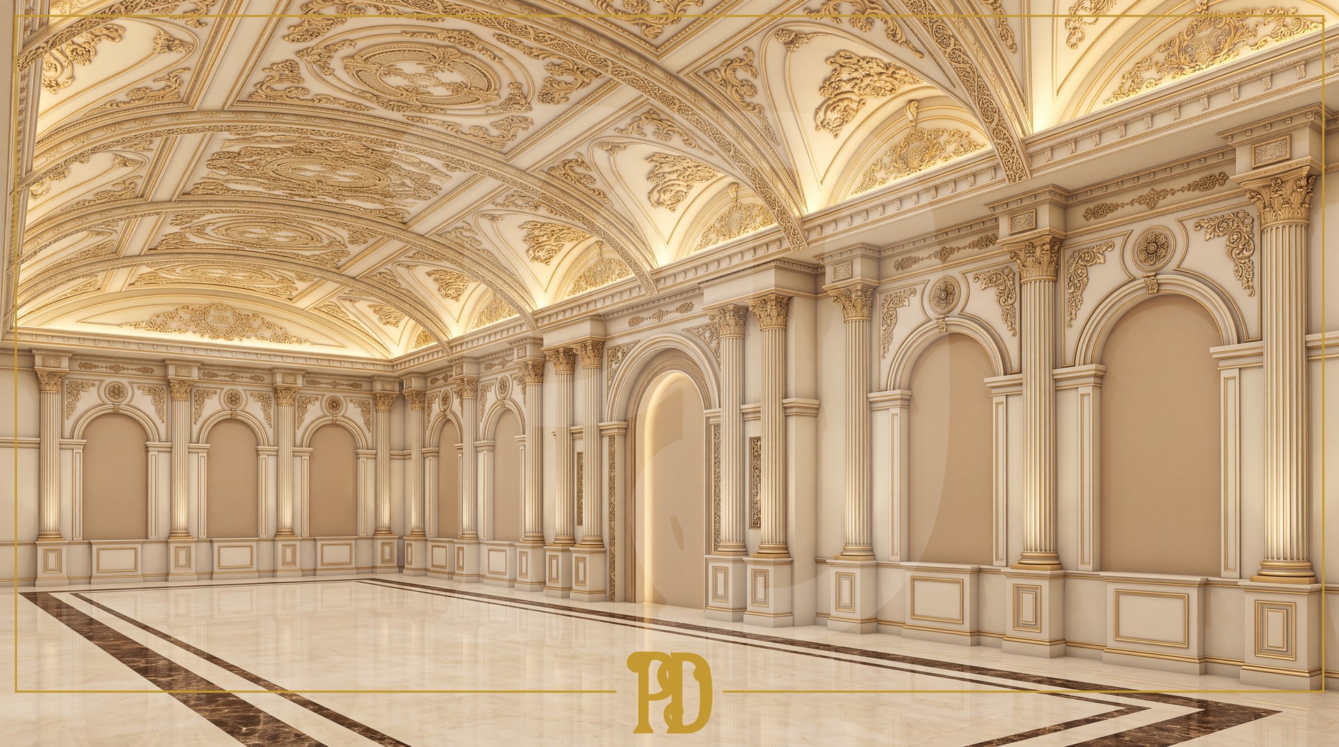 Kubbe şeklindeki tavan motifleri, yivli pilaster sütunlar ve kavisli kemerlerle tasarlanmış düğün salonu iç mekanı.