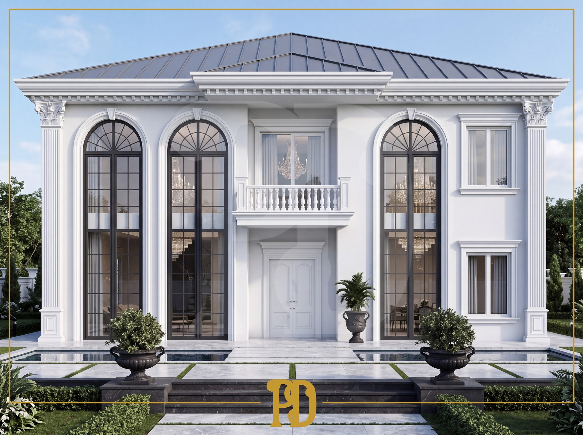 Kavisli kemerli pencereleri ve dekoratif sütunları ile dikkat çeken modern tasarımlı villa ön cephesi
